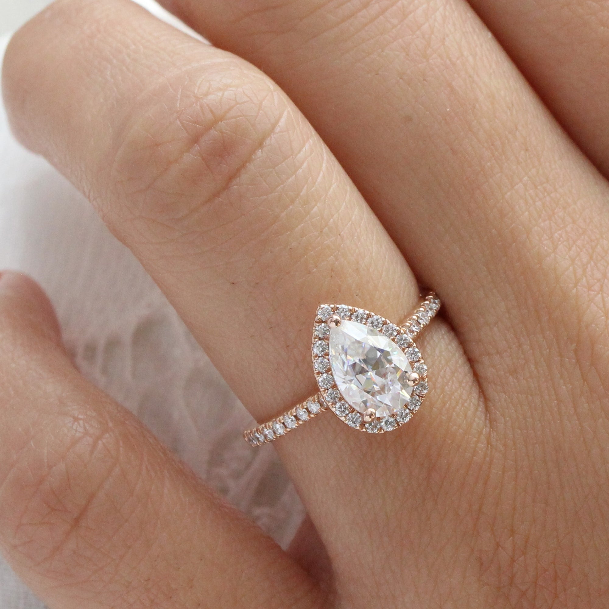pear moissanite engagement ring rose gold halo diamond moissanite ring la more design jewelry