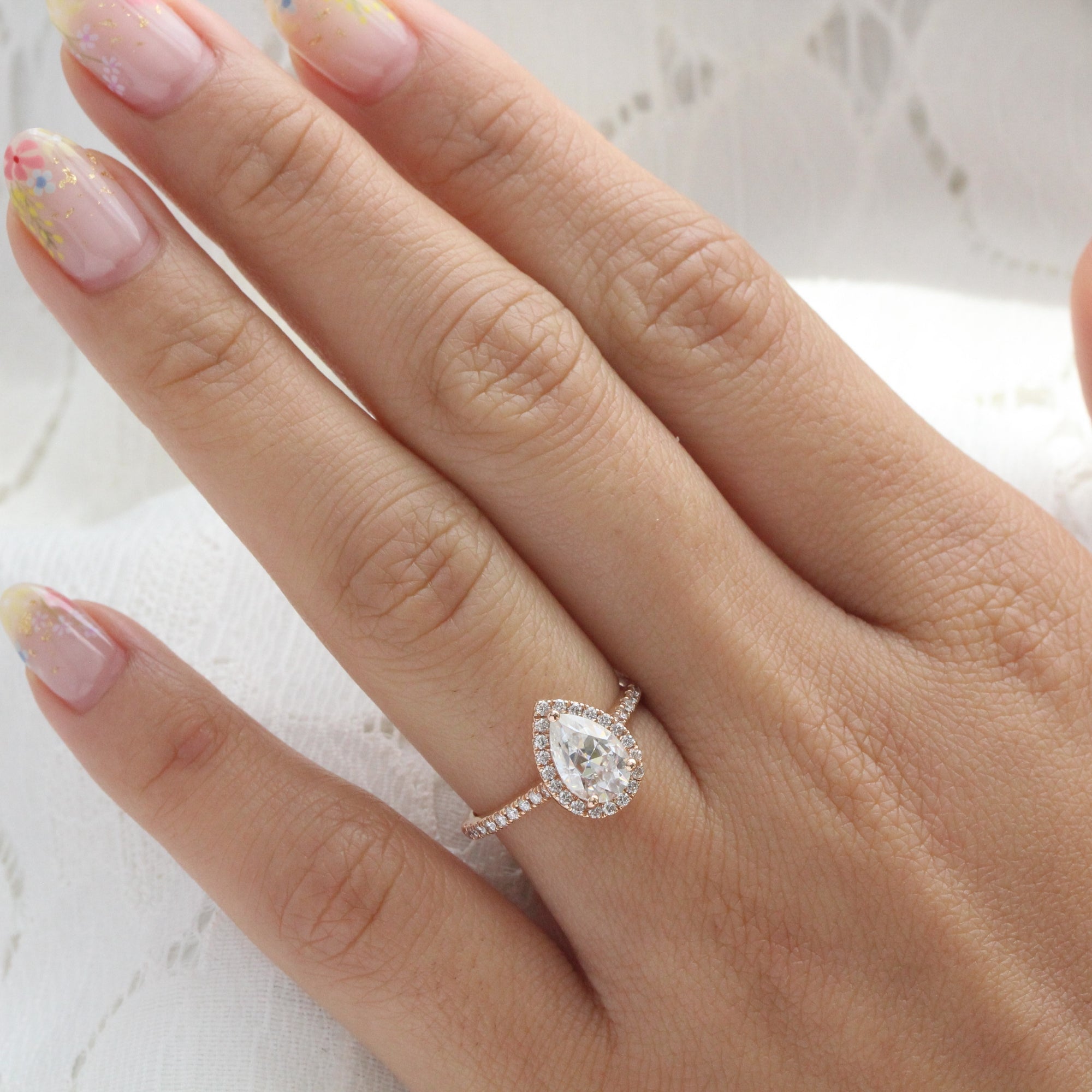 pear moissanite engagement ring rose gold halo diamond moissanite ring la more design jewelry
