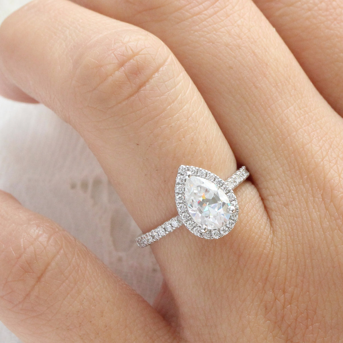 pear moissanite engagement ring white gold halo diamond moissanite ring la more design jewelry