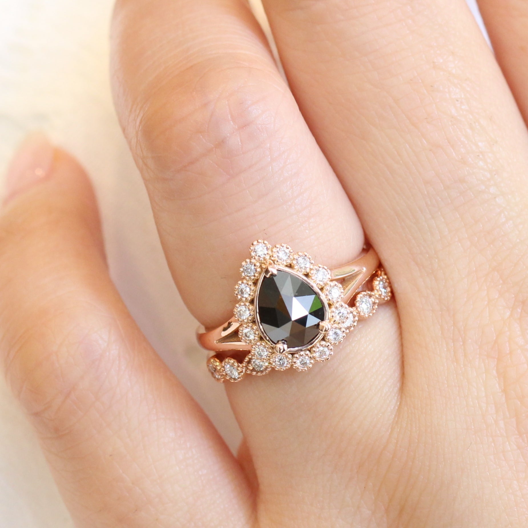 Vintage Luna Halo Black Diamond Ring w/ Pear Diamond and Matching Wedding Band