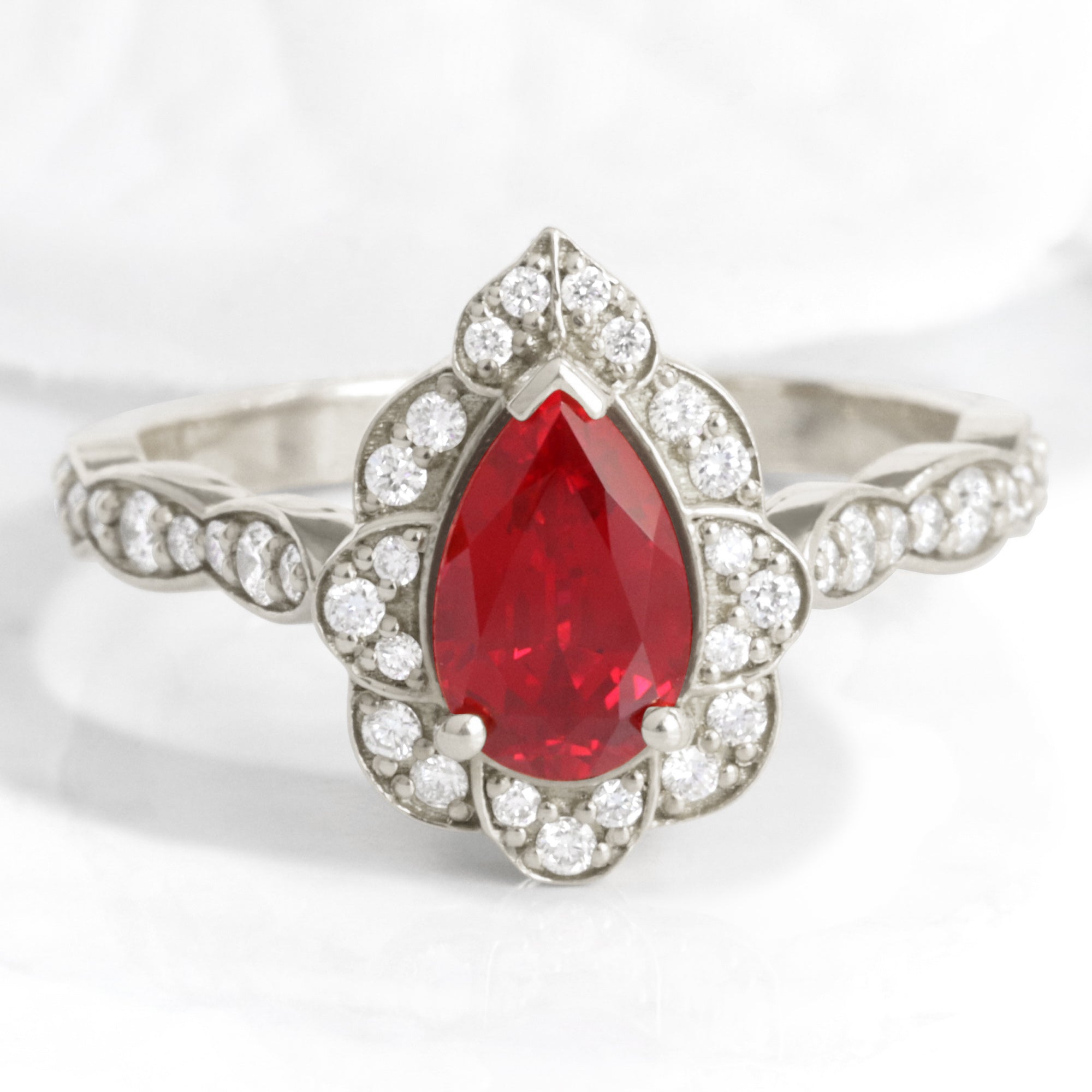pear ruby engagement ring white gold vintage halo diamond ruby ring la more design jewelry