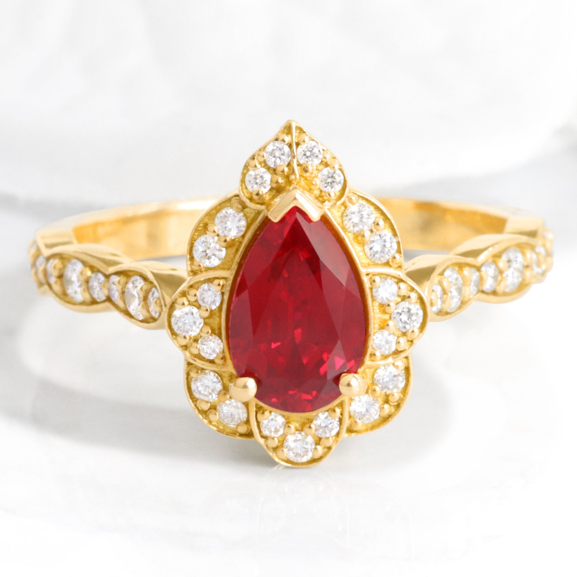 pear ruby engagement ring yellow gold vintage halo diamond ruby ring la more design jewelry