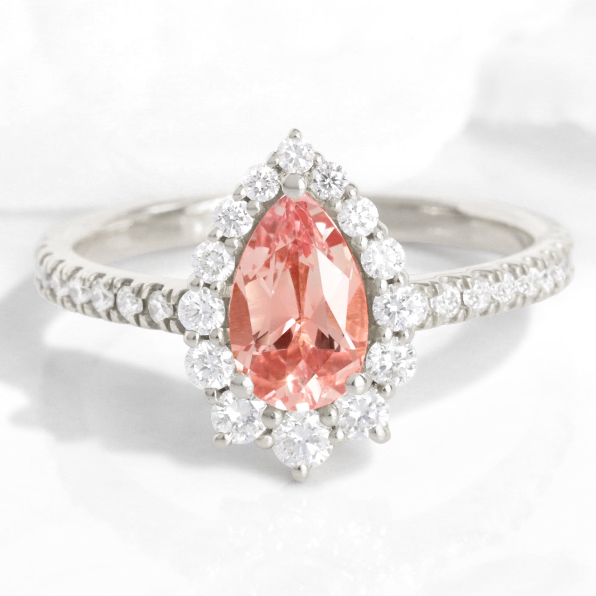 pear shaped peach sapphire engagement ring white gold halo diamond pink sapphire ring la more design jewelry