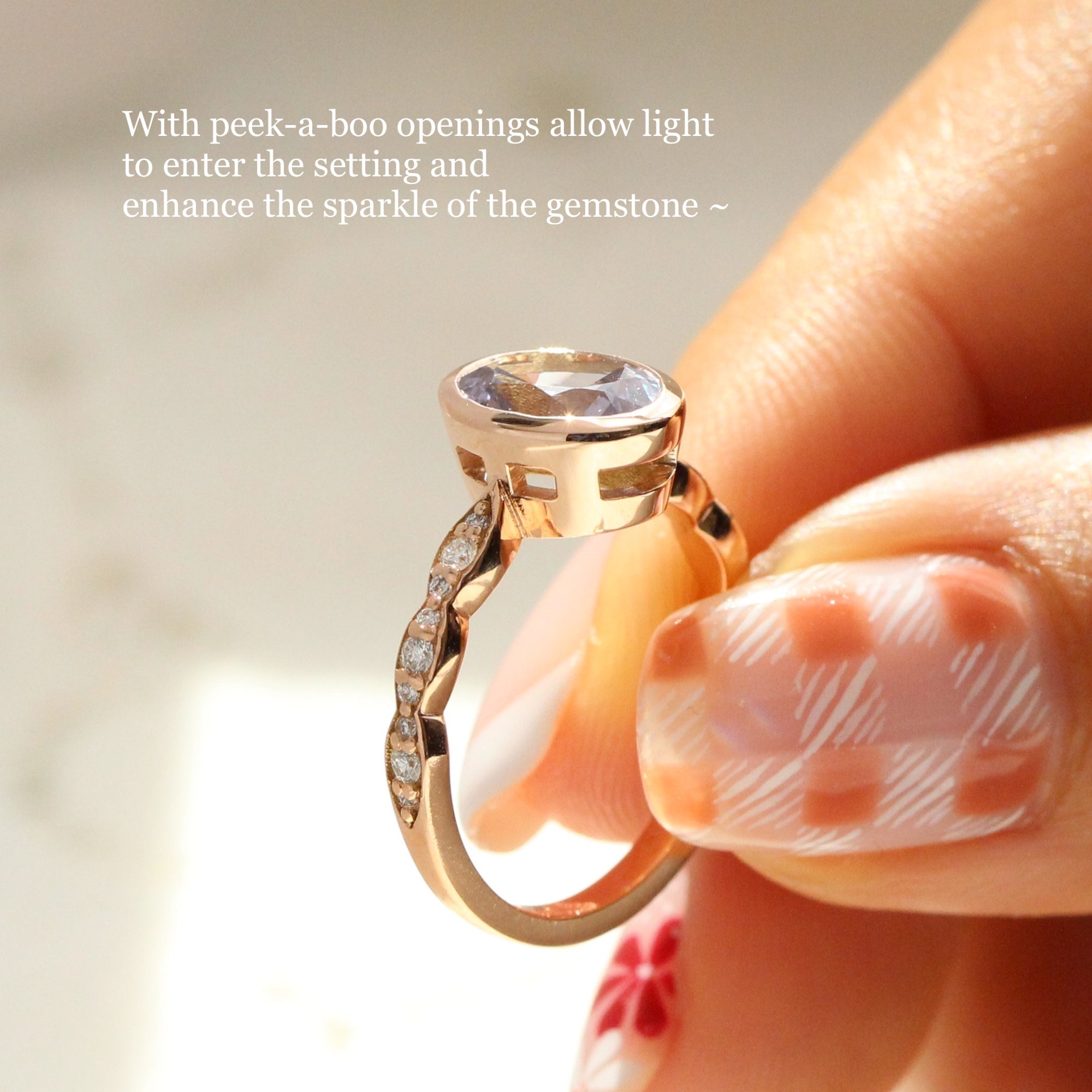 Oval lavender sapphire ring rose gold bezel solitaire scalloped diamond band la more design jewelry