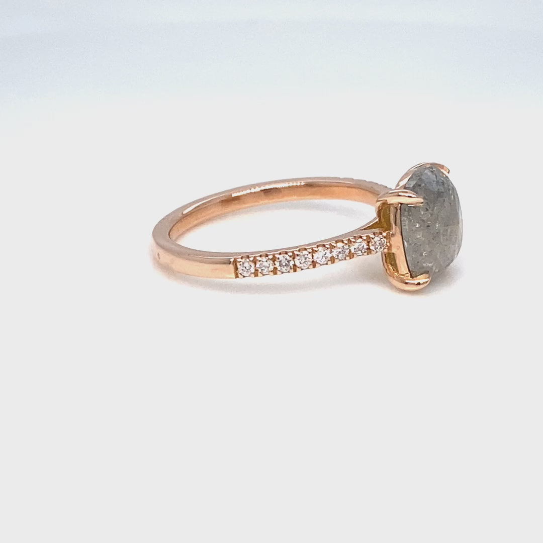 Rose cut cushion salt and pepper diamond ring rose gold solitaire grey diamond pave band la more design jewelry