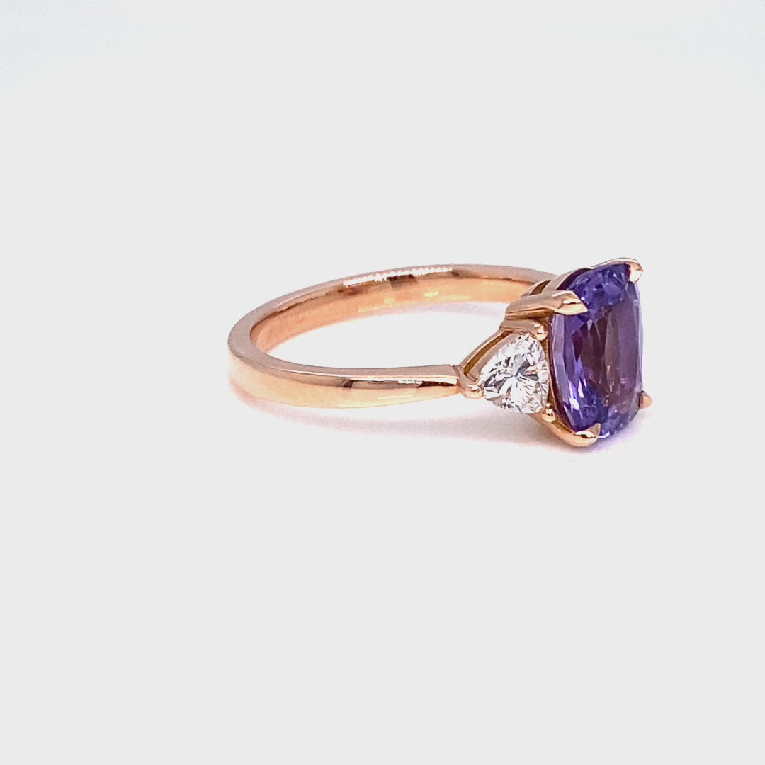 Cushion lavender purple sapphire ring rose gold 3 stone diamond ring la more design jewelry