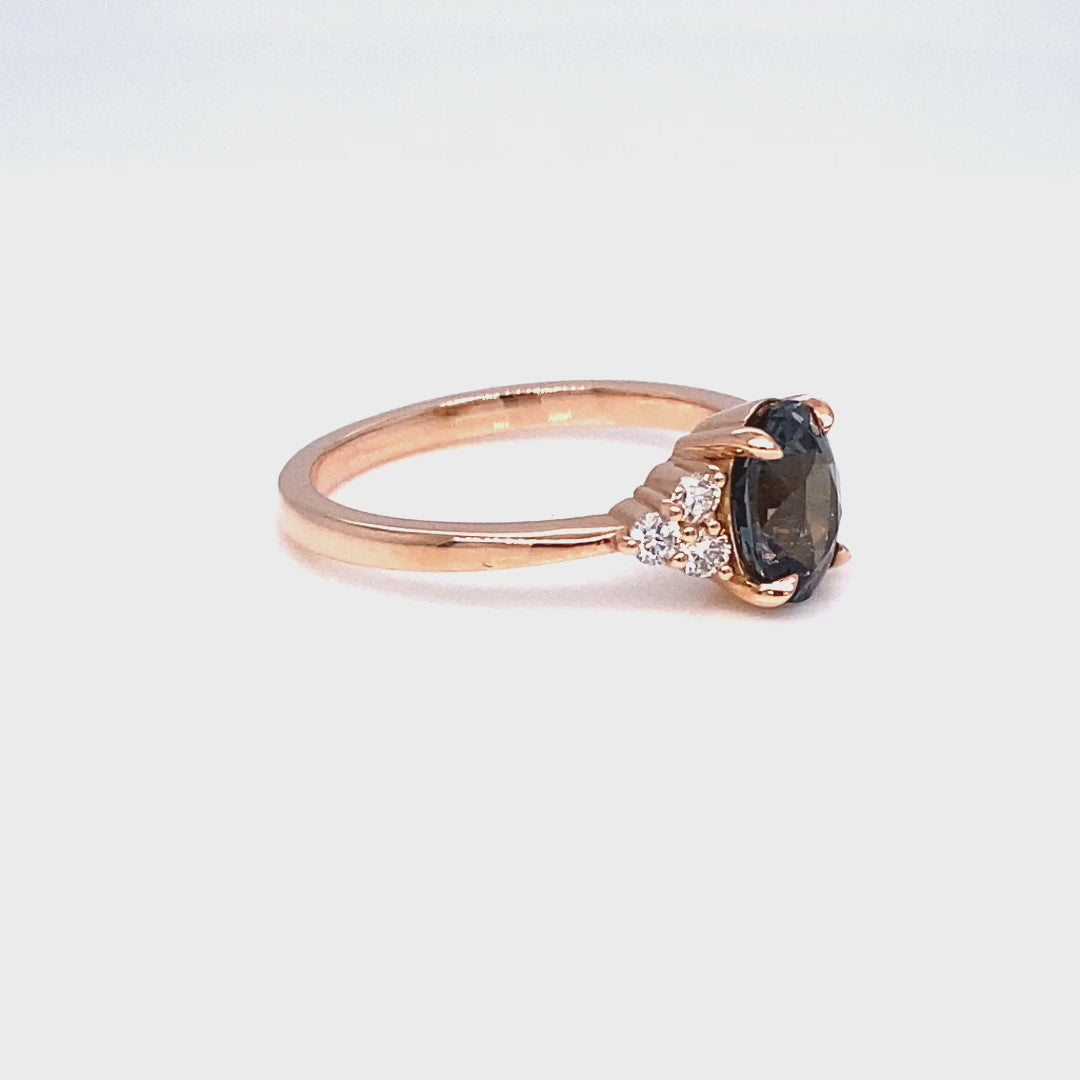Oval grey spinel diamond ring rose gold 3 stone engagement ring la more design jewelry