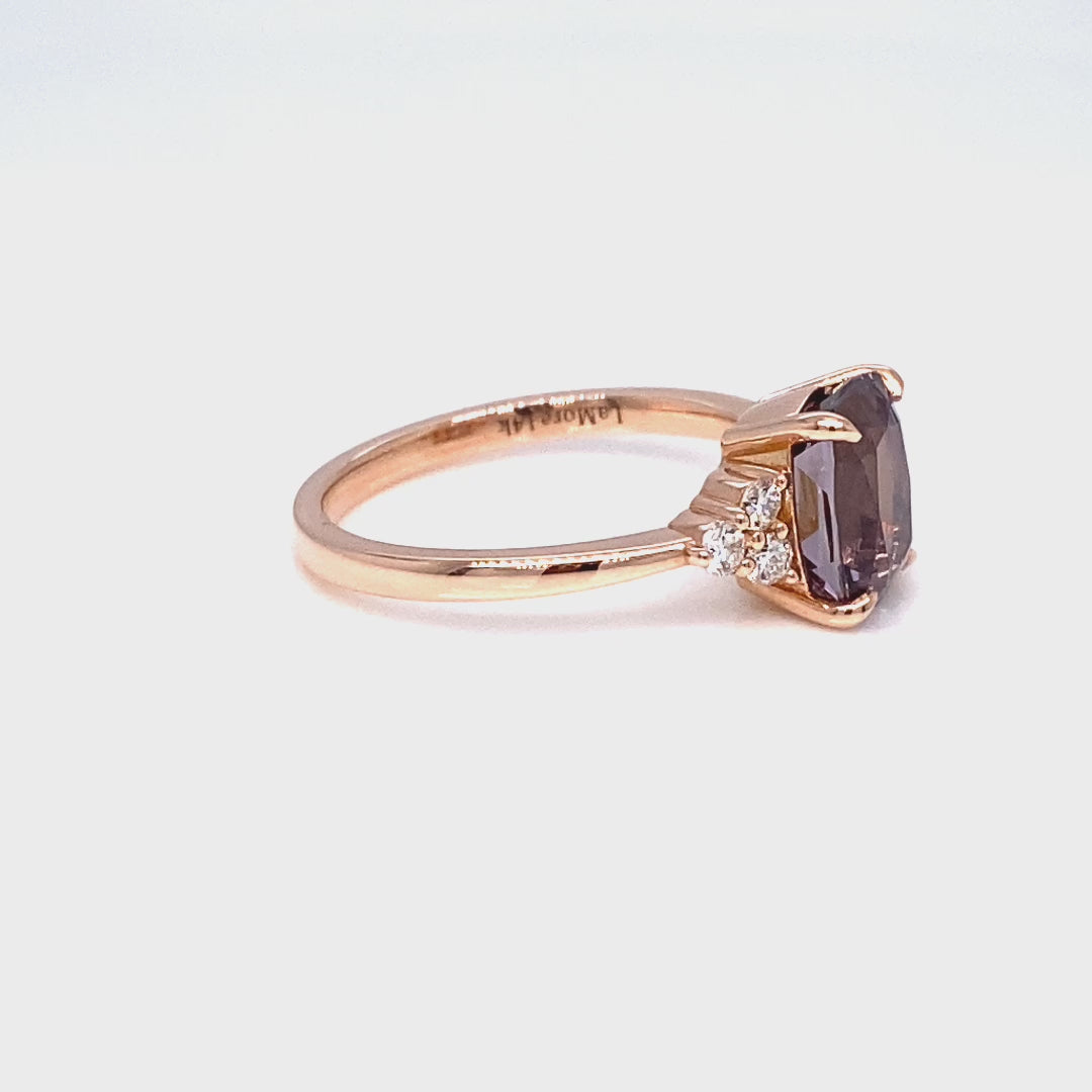 Cushion grey spinel diamond ring rose gold 3 stone engagement ring la more design jewelry