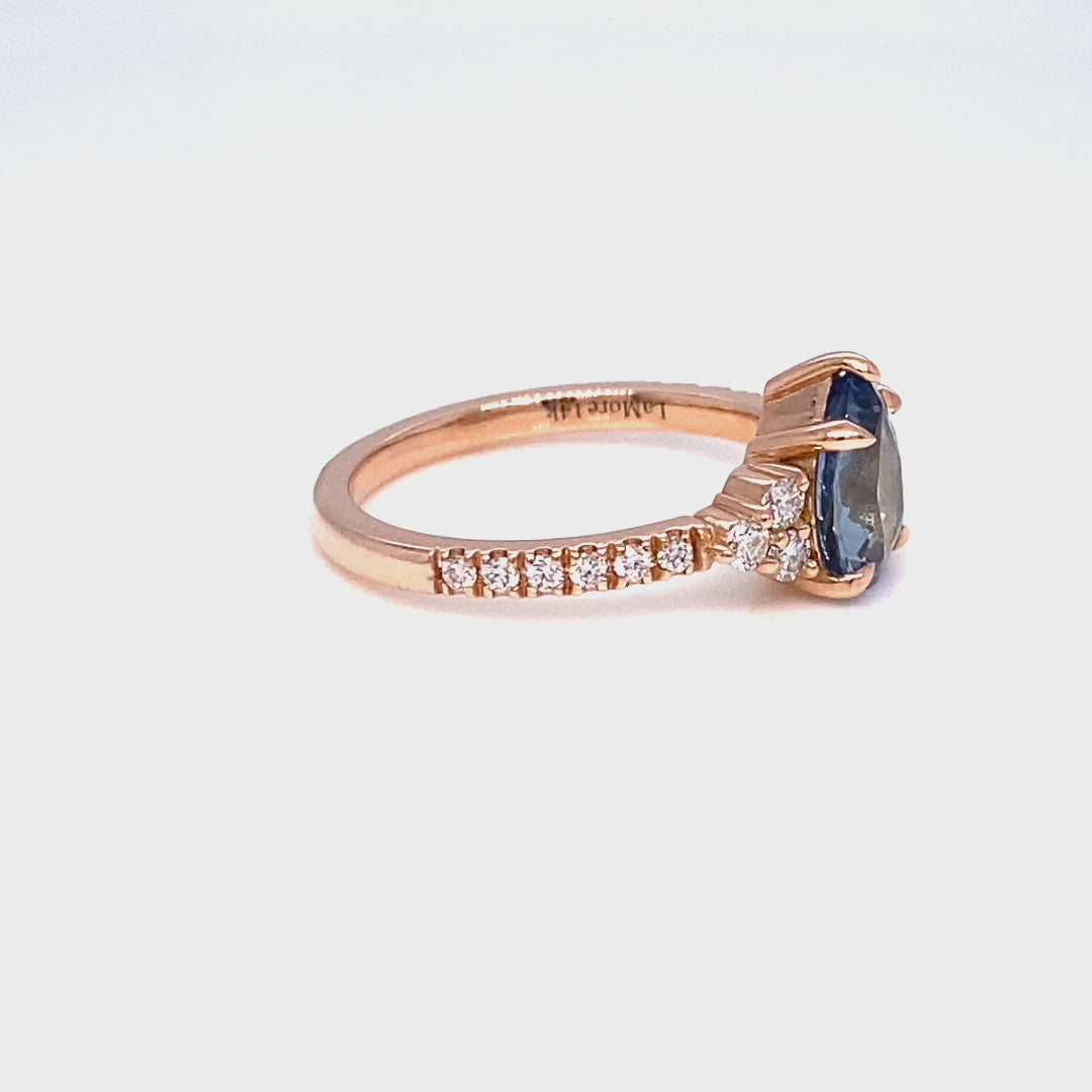 Pear teal blue sapphire ring rose gold 3 stone diamond ring la more design jewelry