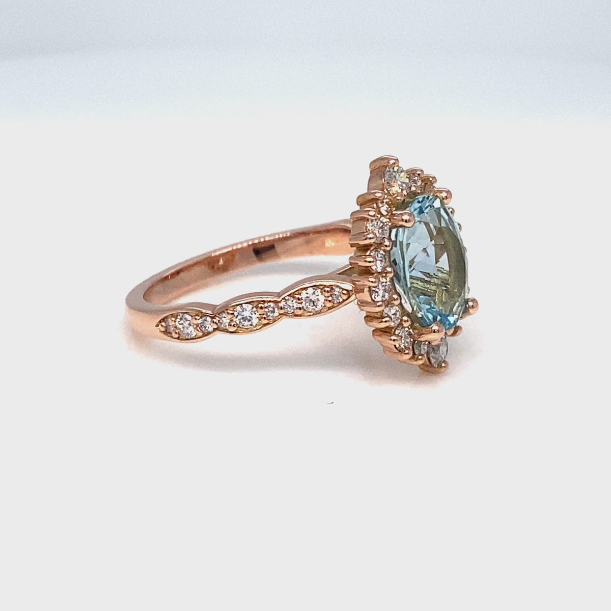 Natural oval aquamarine ring rose gold, halo diamond aquamarine engagement ring in scalloped diamond band la more design jewelry