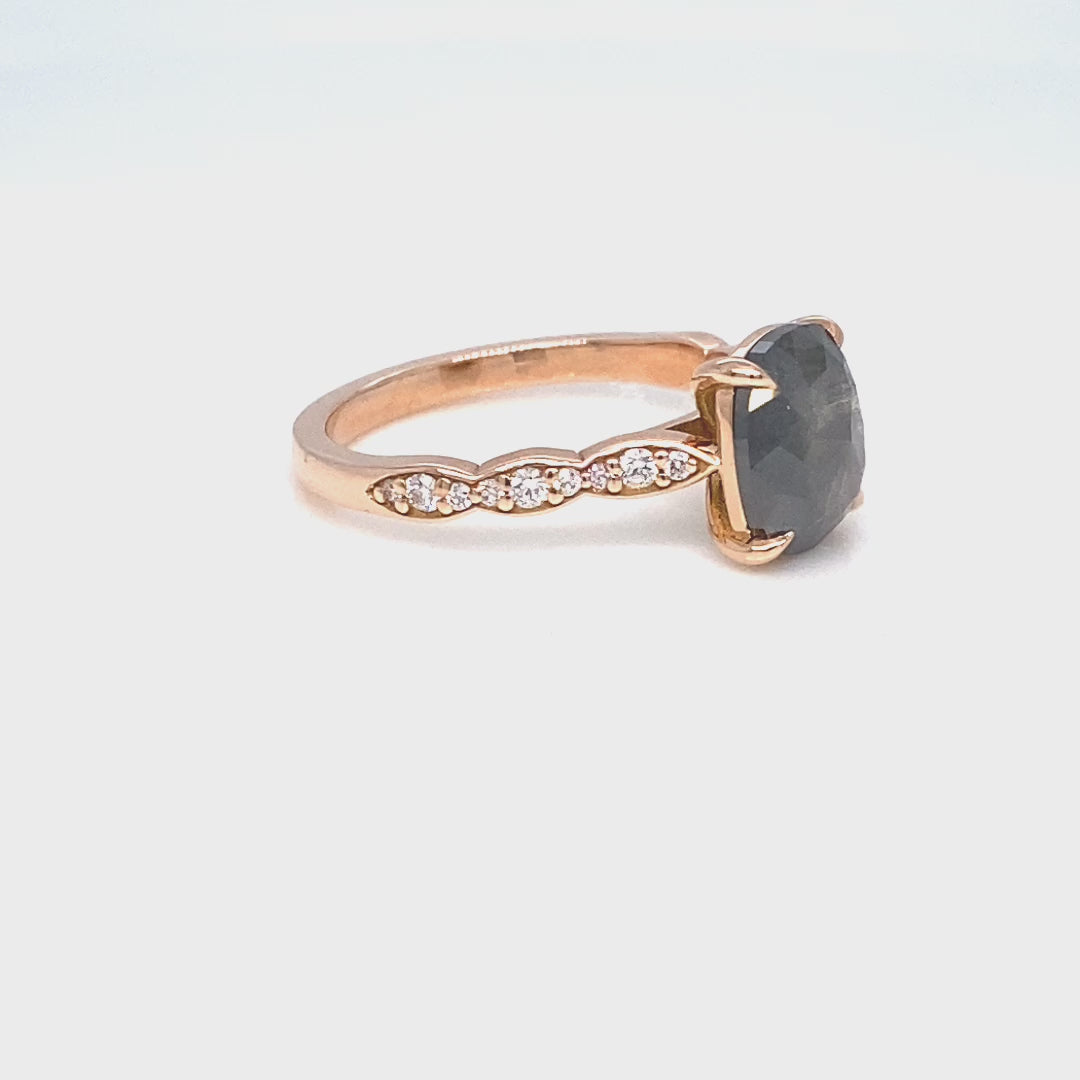 Rose cut cushion salt and pepper diamond ring rose gold solitaire grey diamond scalloped band la more design jewelry