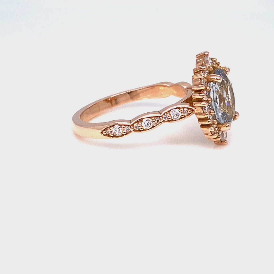 Oval aqua blue sapphire ring rose gold halo diamond sapphire engagement ring la more design jewelry