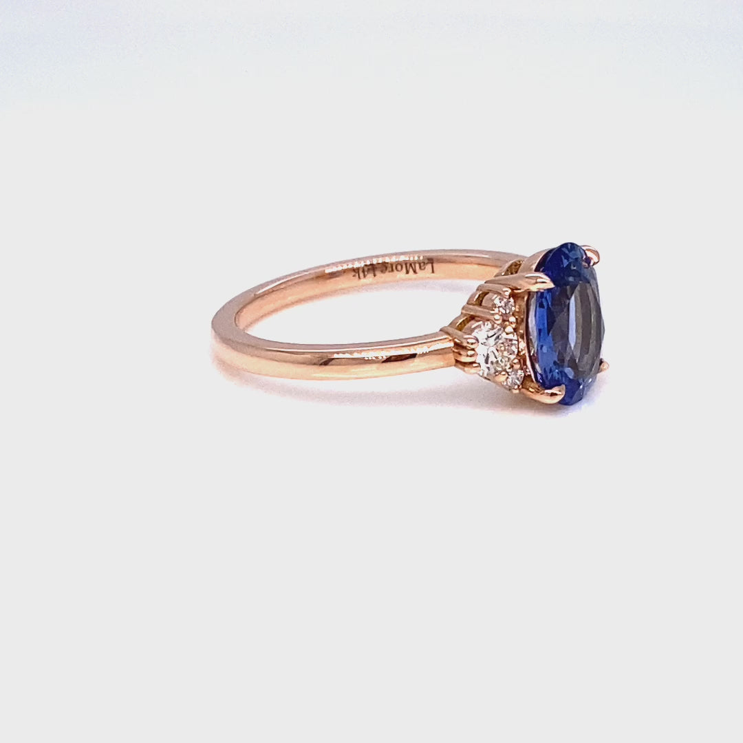 Oval Ceylon blue sapphire ring rose gold 3 stone diamond ring la more design jewelry