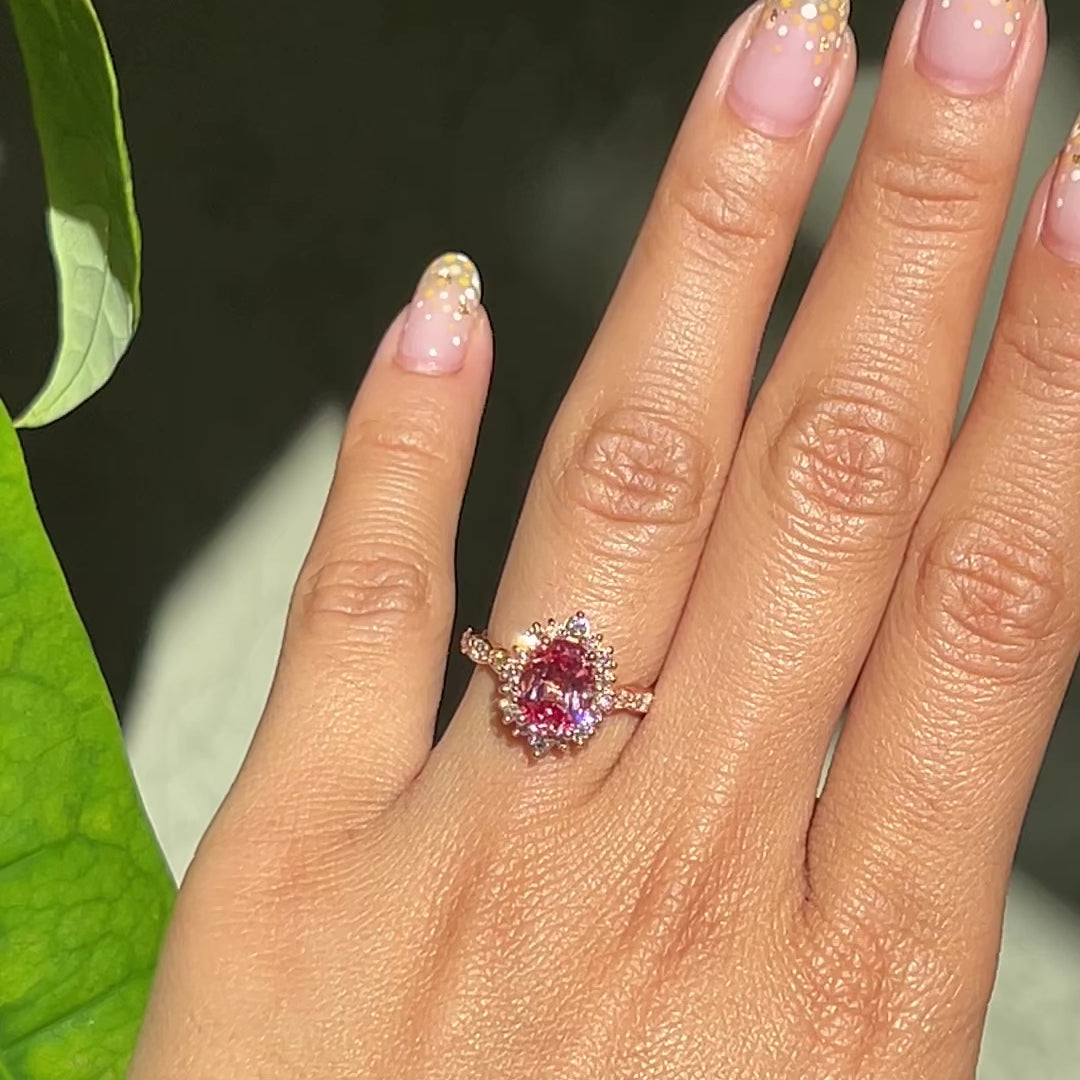 Large oval peach sapphire ring rose gold halo engagement ring la more design jewelry