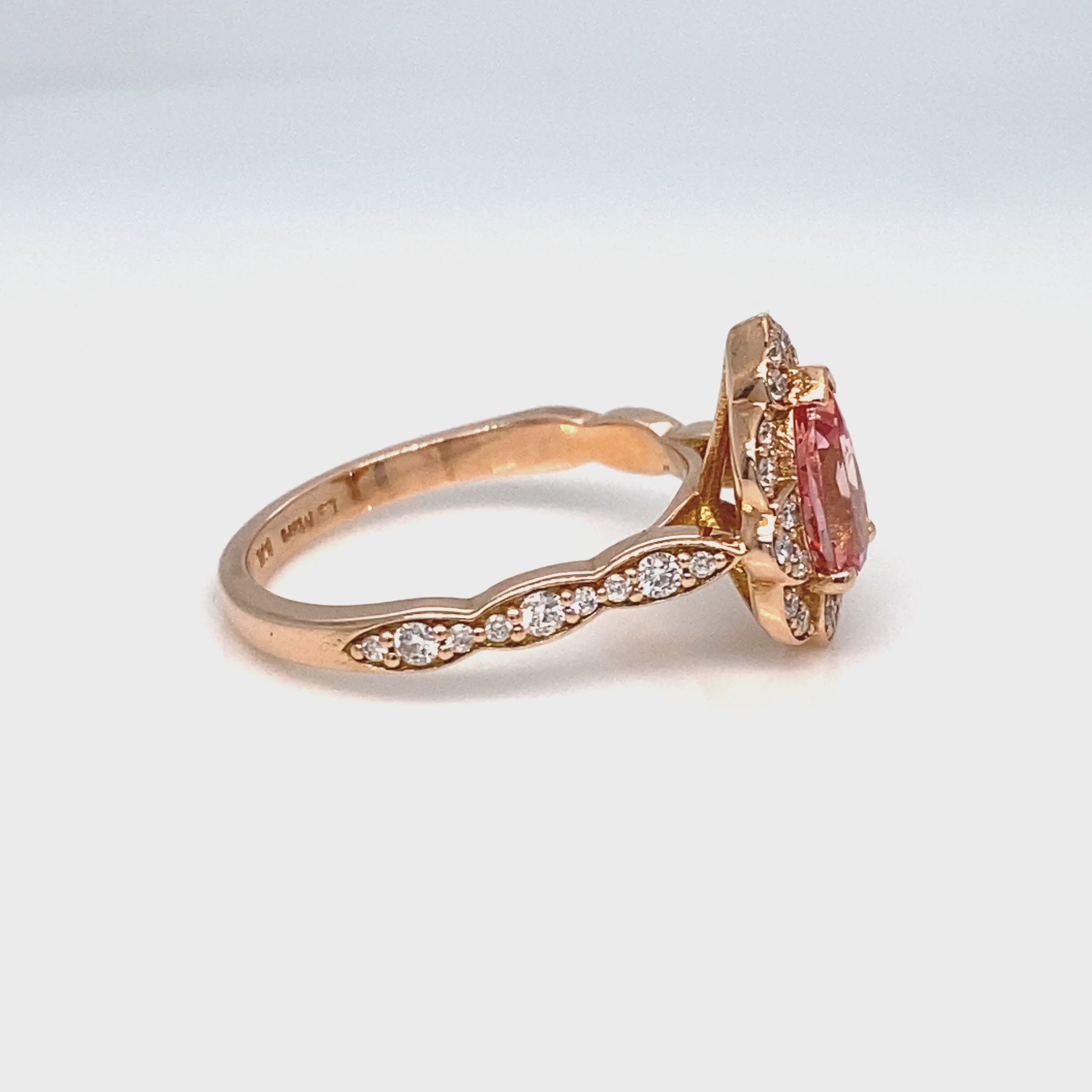 vintage style peach sapphire engagement ring rose gold halo diamond pink sapphire ring la more design jewelry