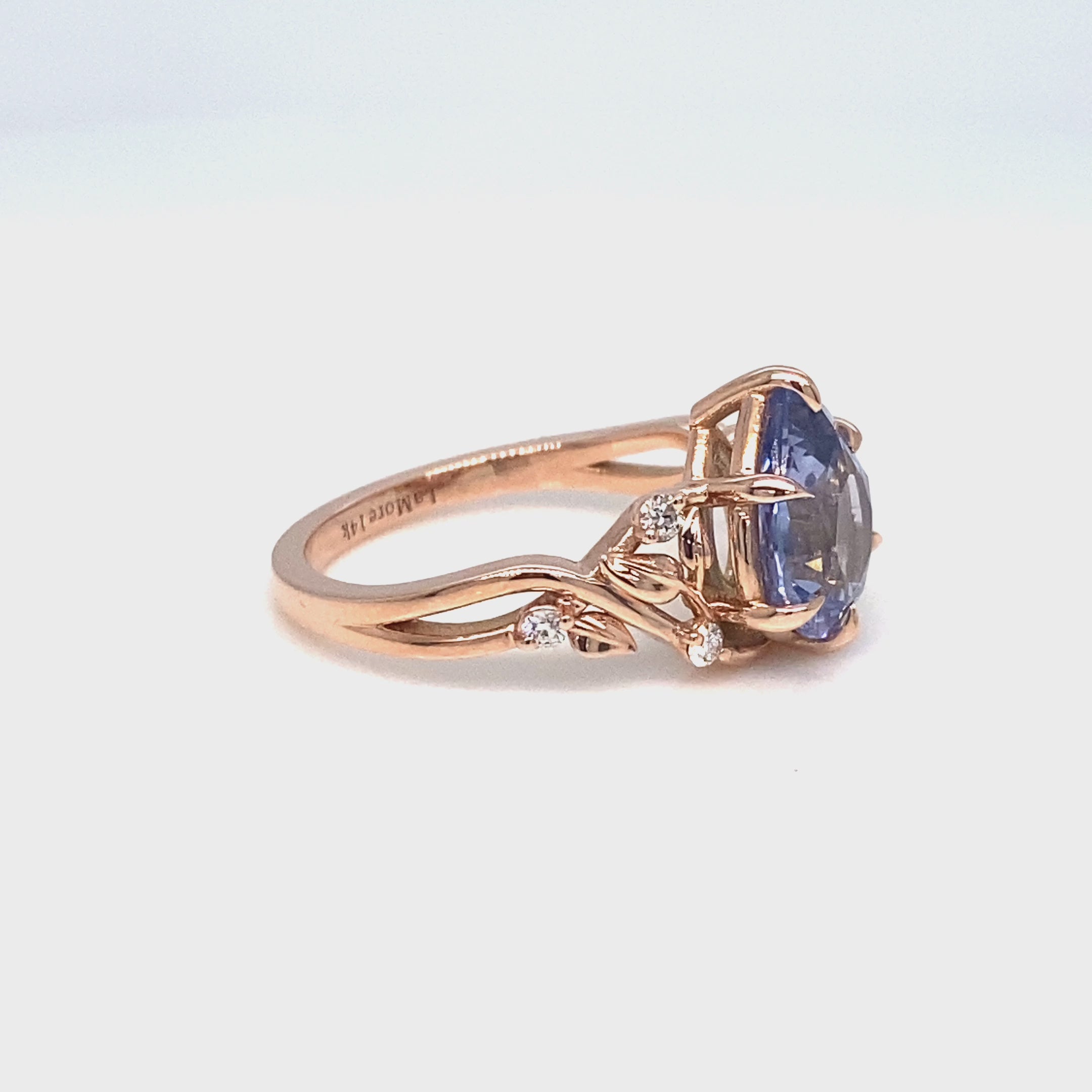 Pear lilac blue sapphire ring rose gold floral leaf diamond sapphire solitaire ring la more design jewelry