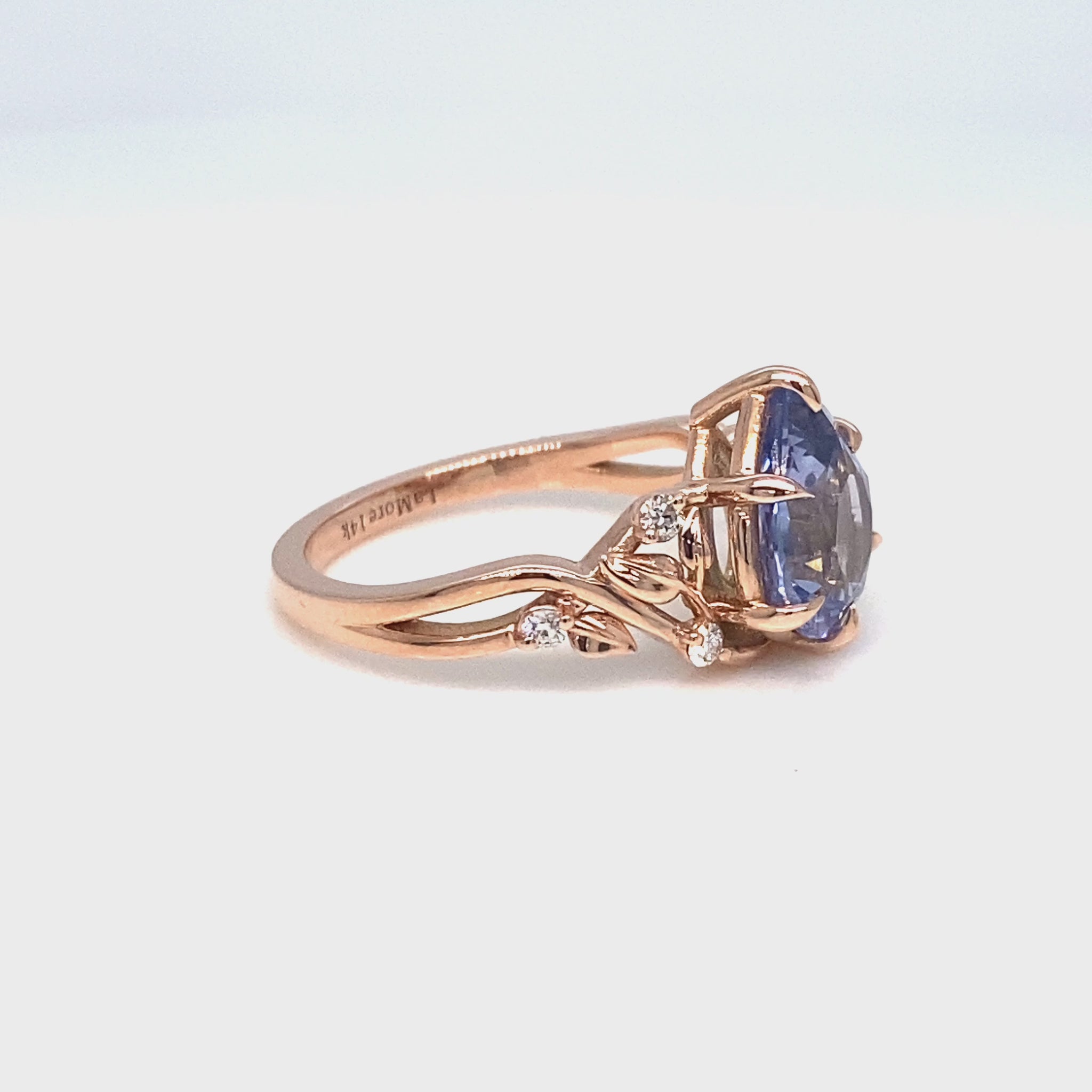 Pear lilac blue sapphire ring rose gold floral leaf diamond sapphire solitaire ring la more design jewelry