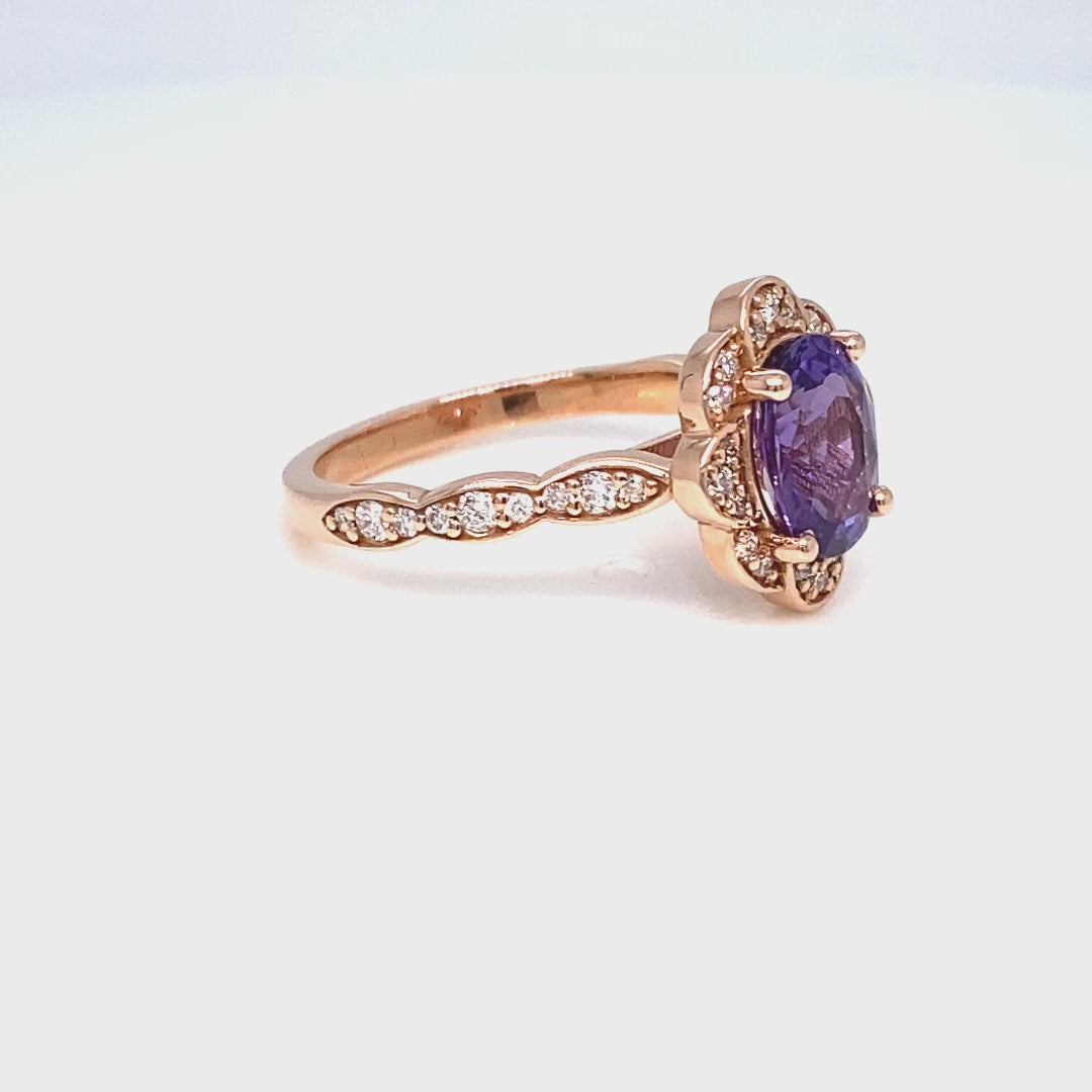 Oval purple sapphire diamond ring rose gold vintage floral sapphire ring la more design jewelry