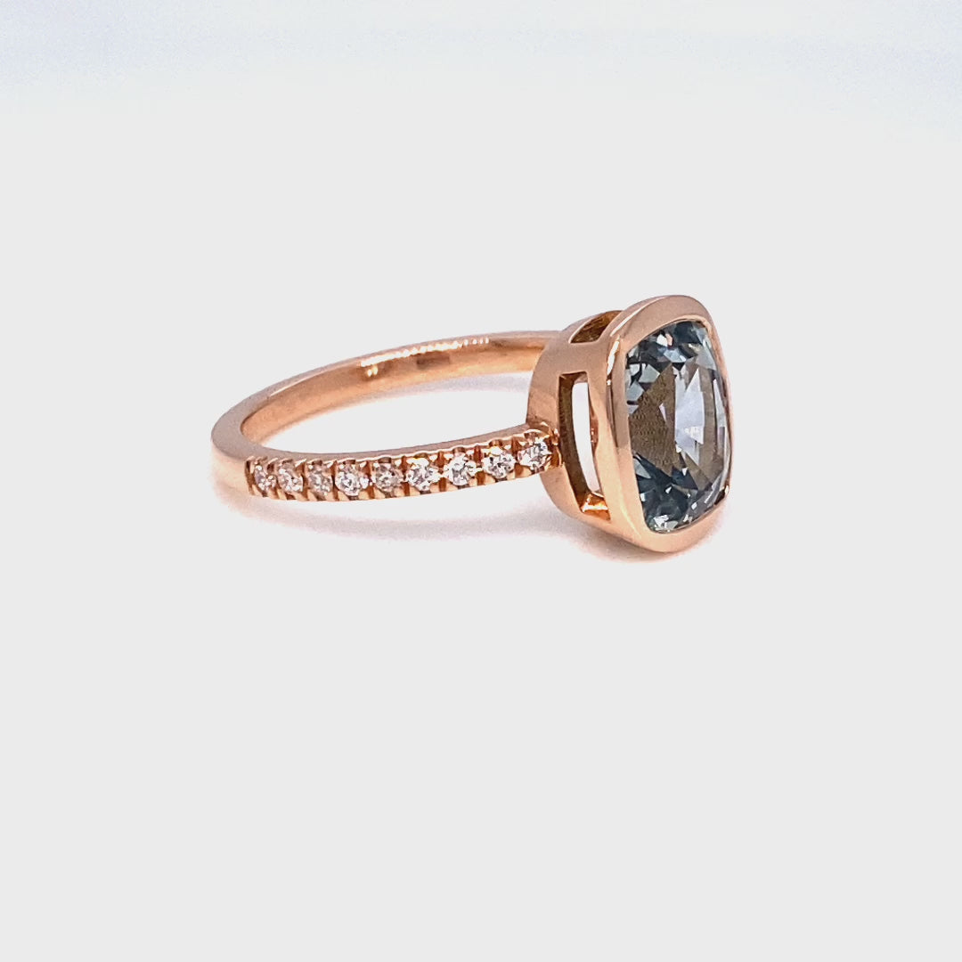 Cushion aqua blue sapphire ring rose gold bezel solitaire pave diamond band la more design jewelry