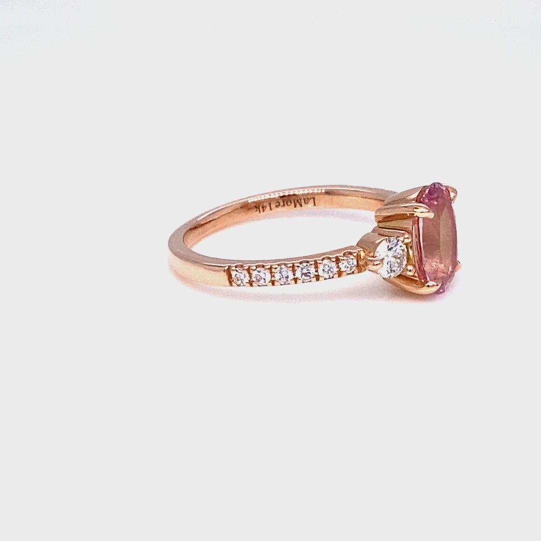 Oval Padparadscha pink sapphire ring rose gold 3 stone diamond ring la more design jewelry