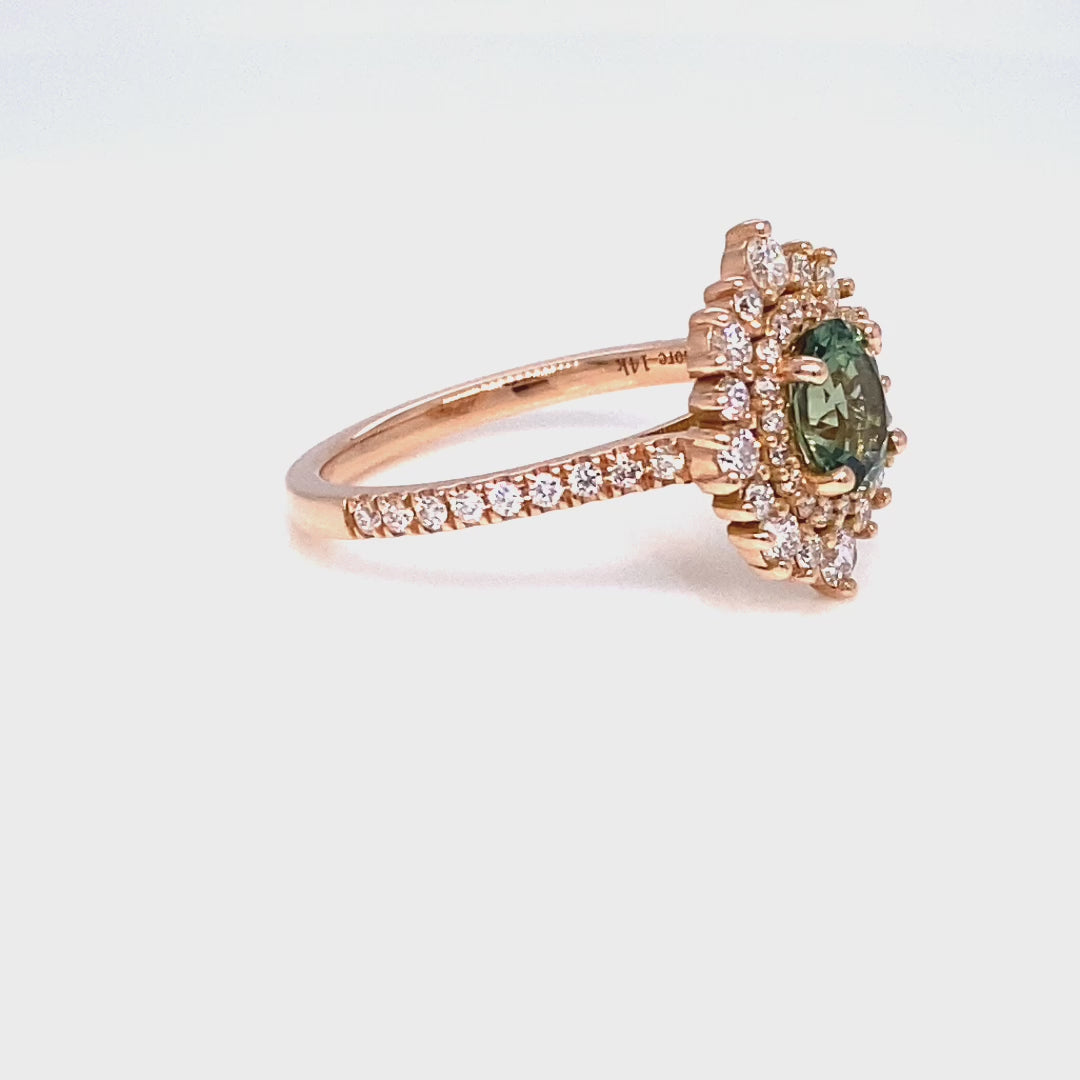Oval teal green sapphire pave ring rose gold double halo diamond engagement ring la more design jewelry