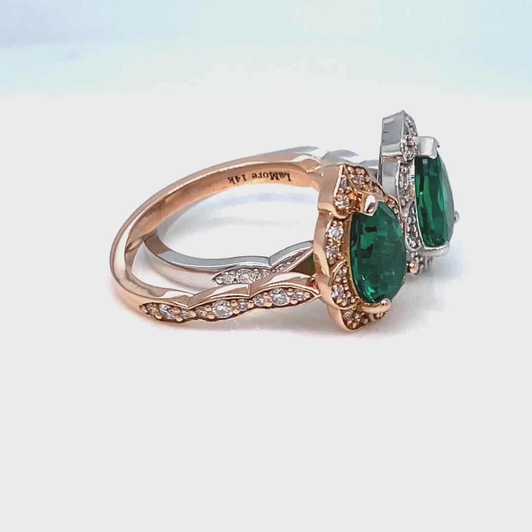 Large pear emerald engagement ring rose gold vintage halo diamond emerald ring la more design jewelry