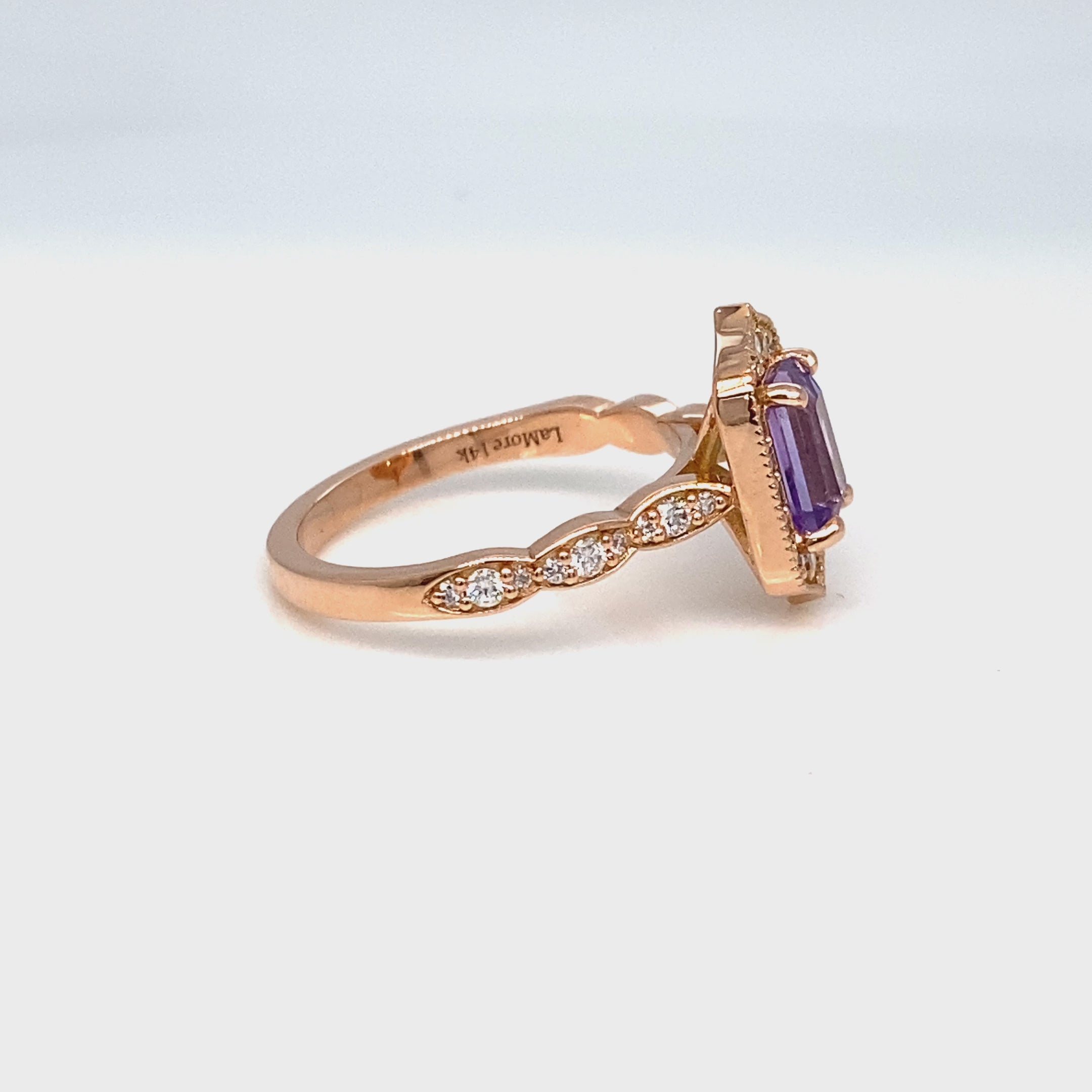 Emerald cut lavender sapphire ring rose gold vintage halo diamond purple sapphire ring la more design jewelry