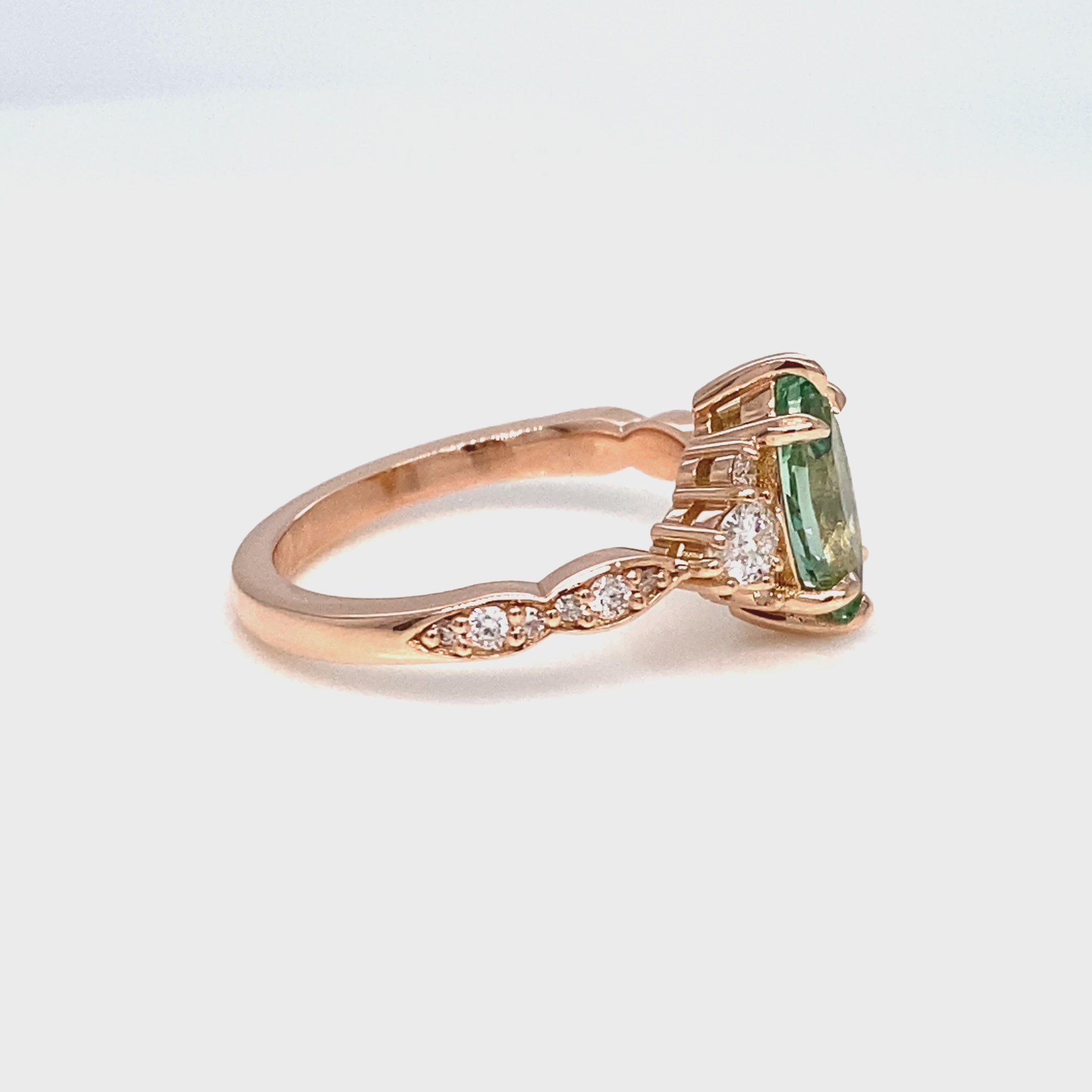 1.90 Ct. Marquise Green Sapphire Ring in 14k Rose Gold 3 Stone Diamond Band, Size 6.5