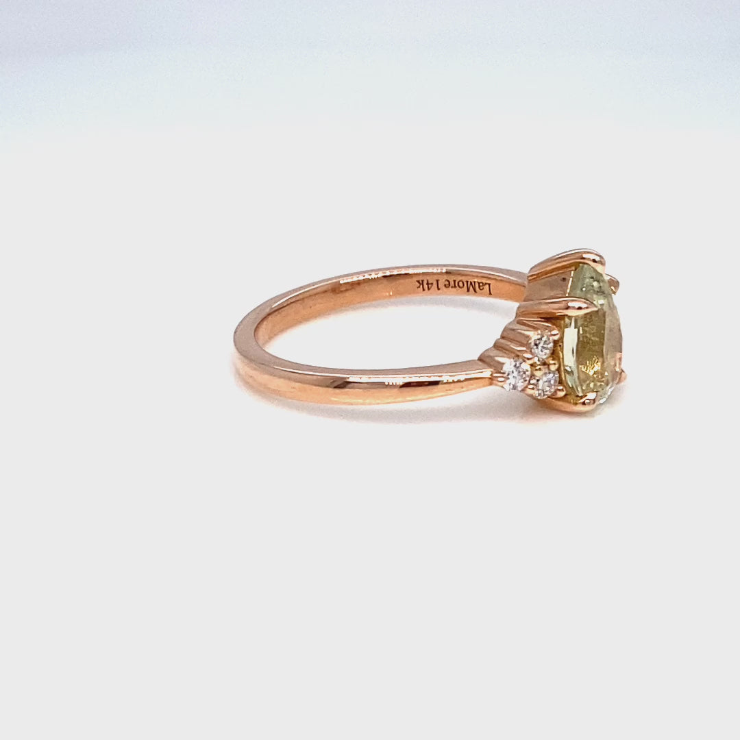 Pear cut sea form green sapphire ring rose gold 3 stone diamond ring la more design jewelry