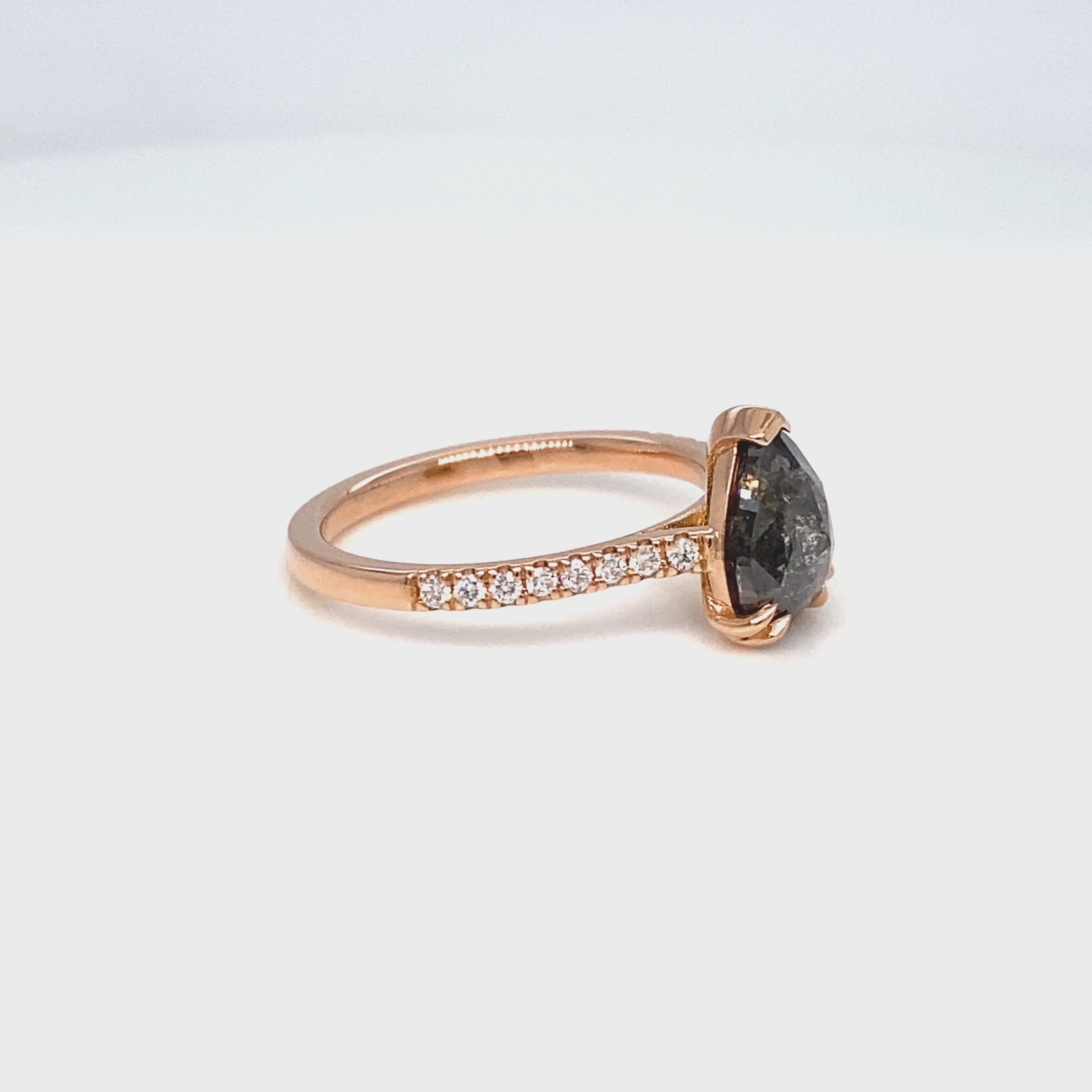 Pear Salt and Pepper Diamond Ring Rose Gold Grey Diamond Solitaire Pave Ring la more design jewelry