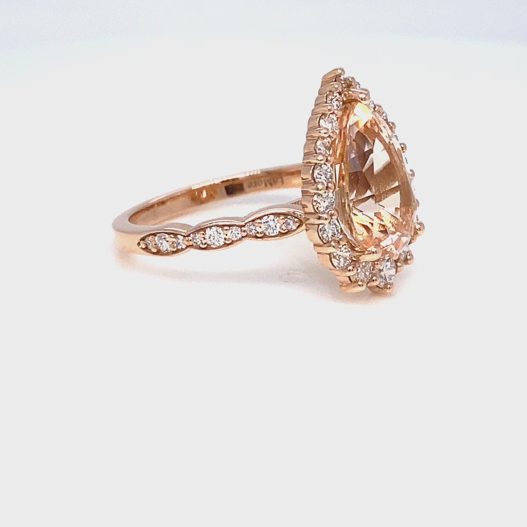 Large Morganite Diamond Ring Rose Gold Pear Halo Engagement Ring Band ...