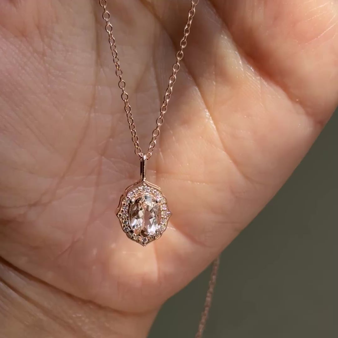 vintage halo diamond morganite pendant rose gold oval morganite necklace la more design jewelry