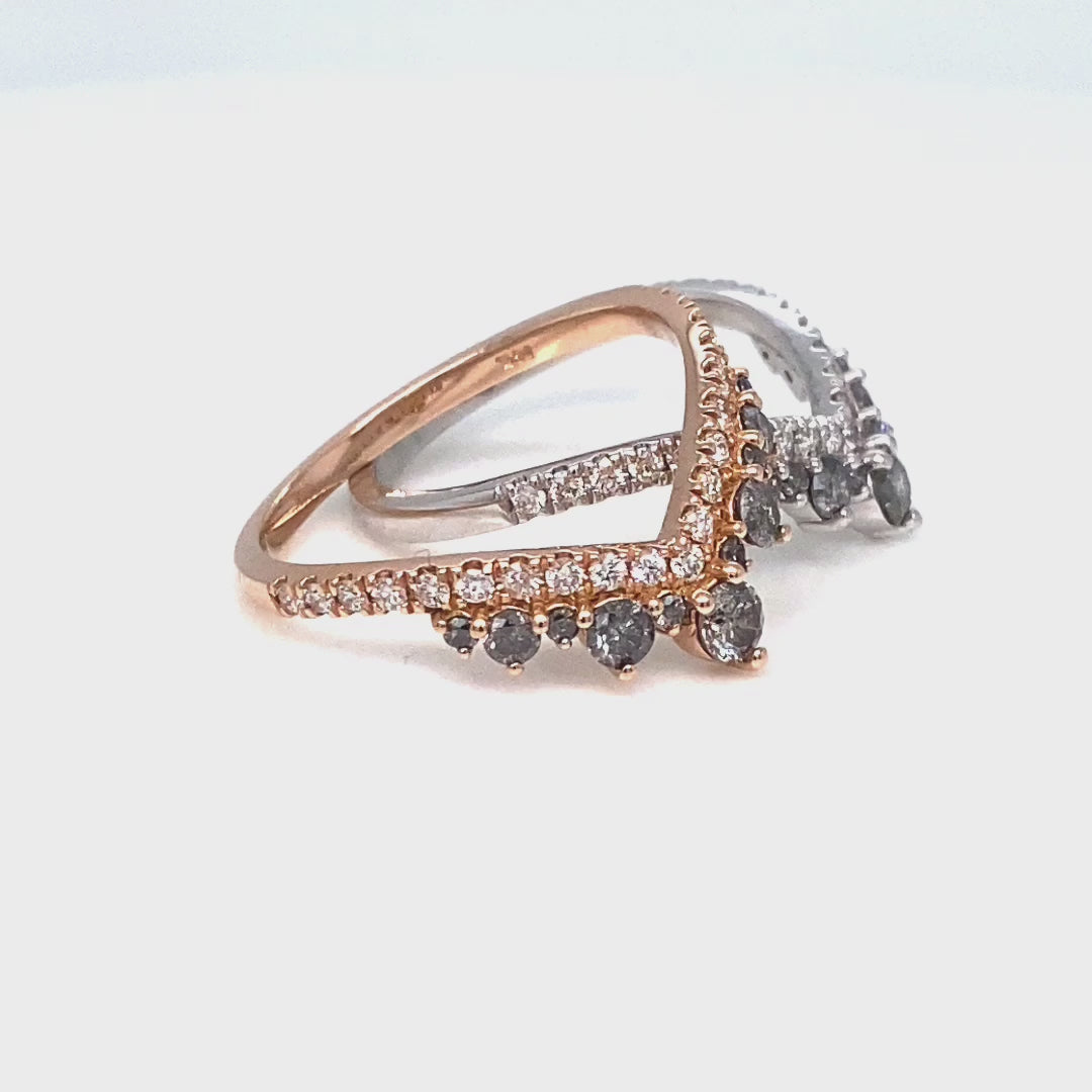 Large salt and pepper diamond ring rose gold curved v-shaped diamond wedding band la more design jewelry