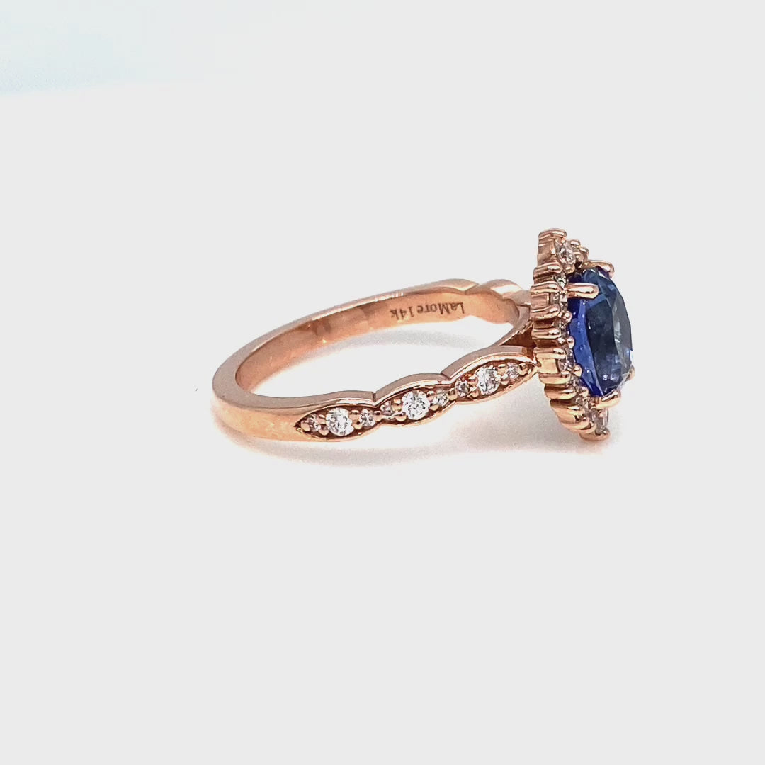 Halo diamond Ceylon blue sapphire ring rose gold oval sapphire diamond ring la more design jewelry