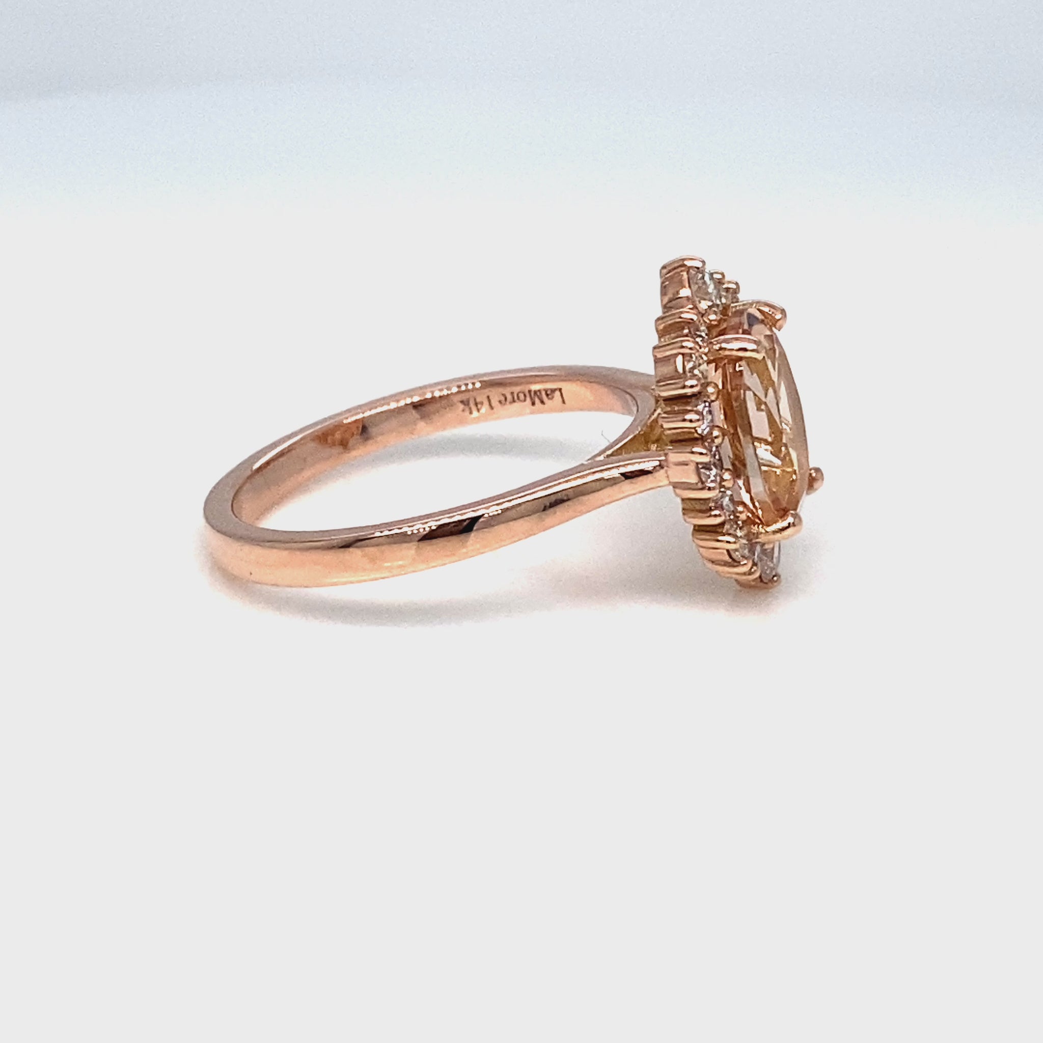 Natural oval morganite ring rose gold, halo diamond peach pink morganite engagement ring la more design jewelry