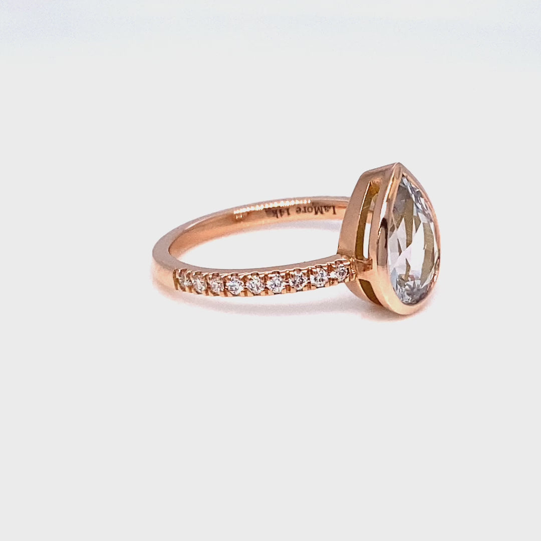 Pear aqua blue sapphire ring rose gold bezel solitaire pave diamond band la more design jewelry