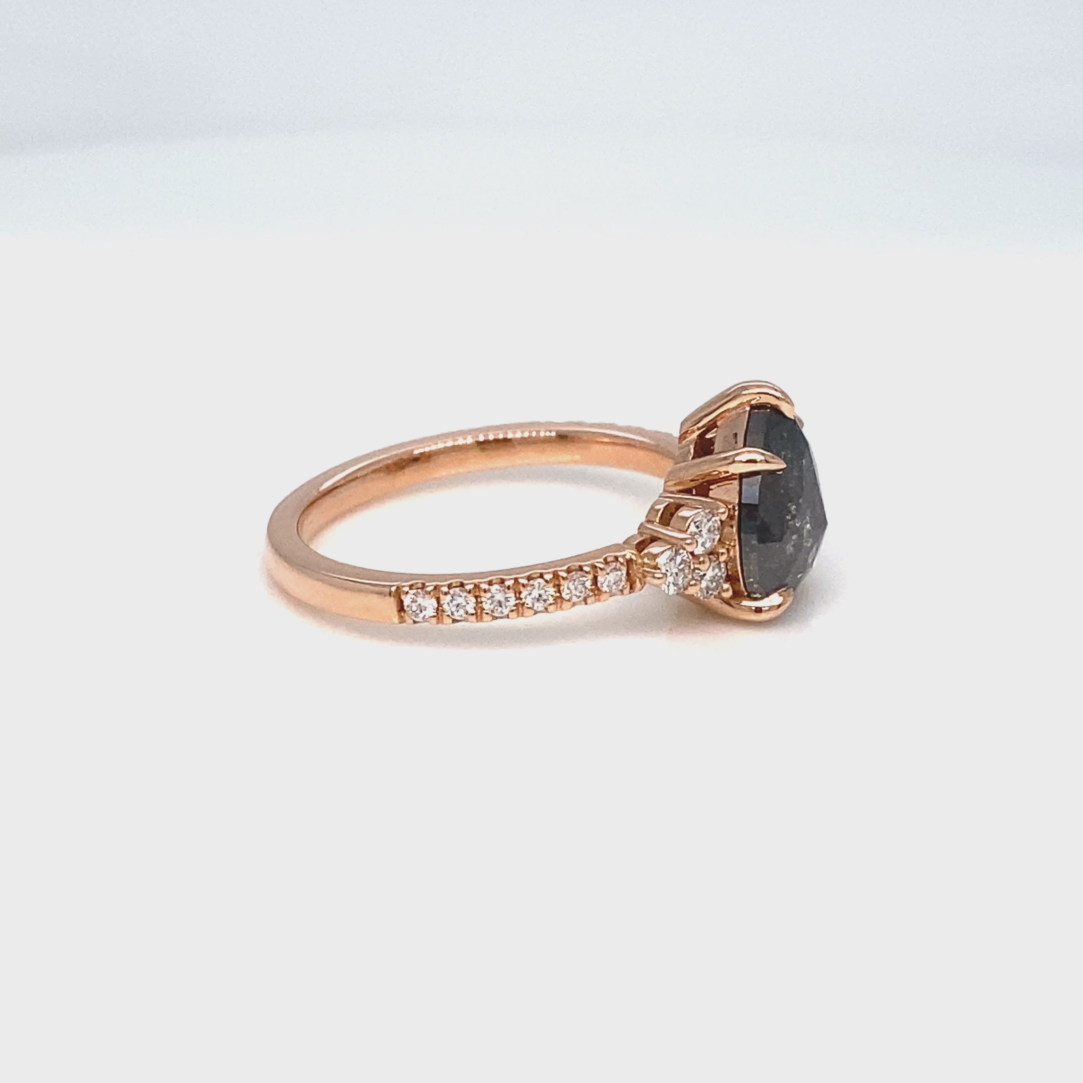 Pear Salt and Pepper Diamond Ring Rose Gold 3 Stone Grey Diamond Ring la more design jewelry