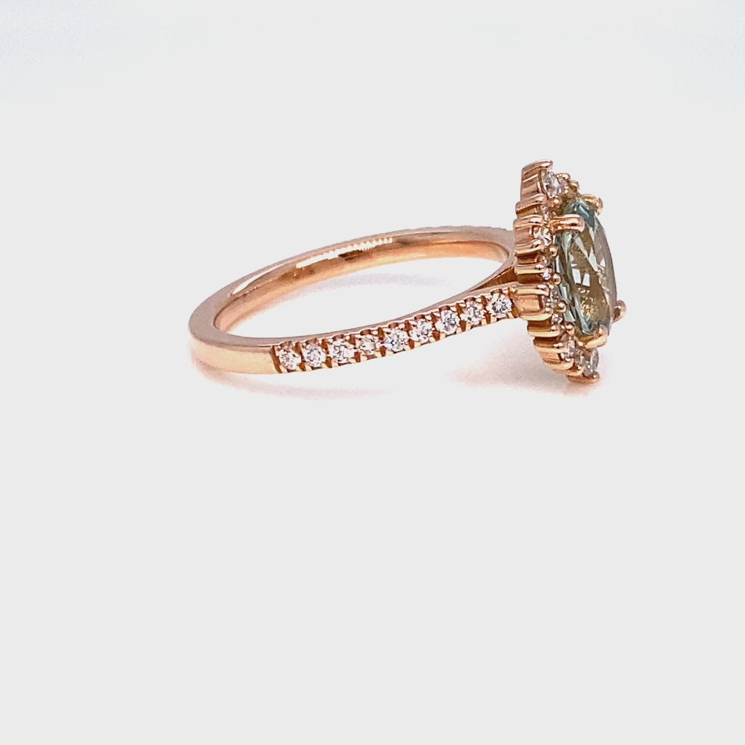 Oval aqua green sapphire ring rose gold halo diamond sapphire engagement ring la more design jewelry