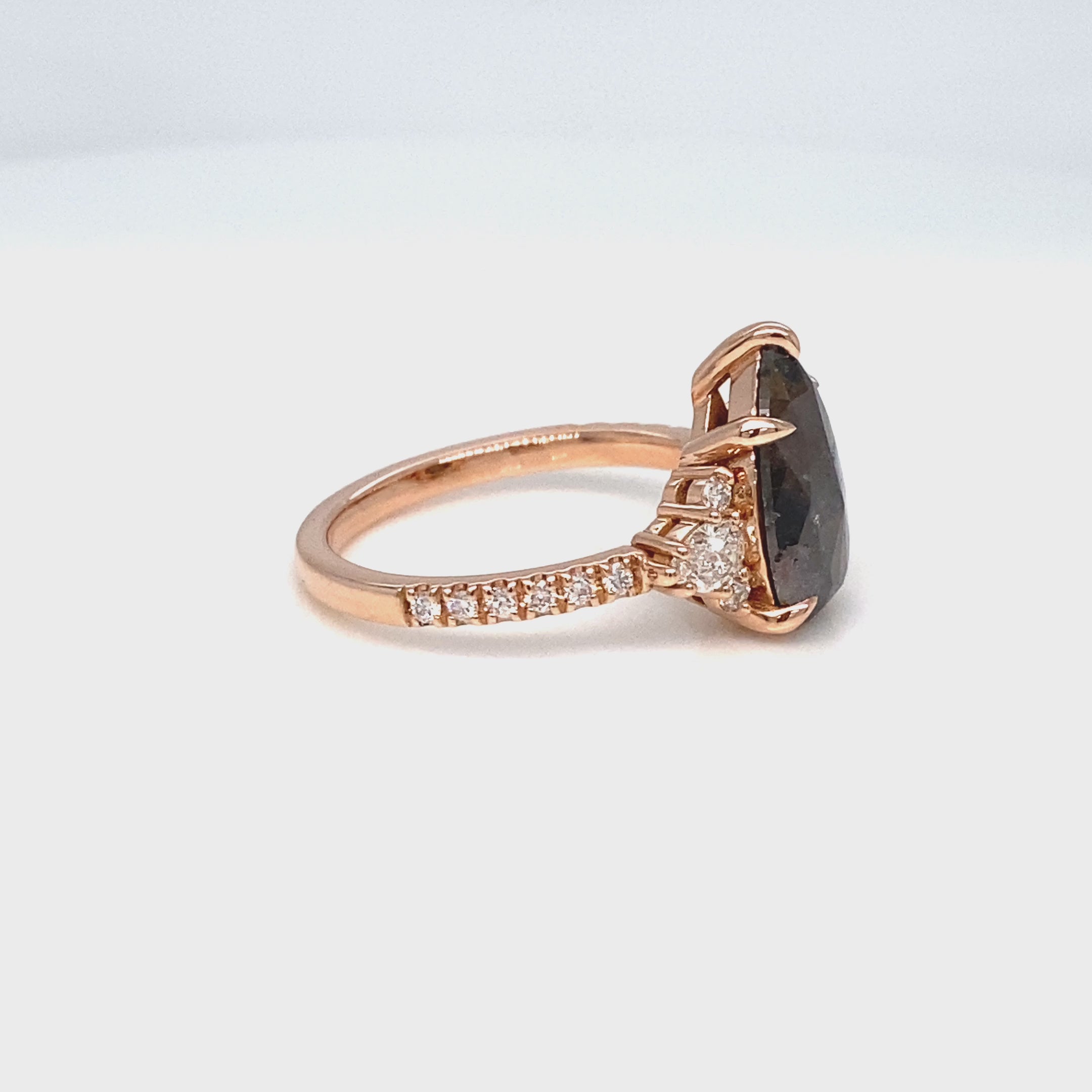 Large Pear Salt and Pepper Diamond Ring Rose Gold Grey Diamond 3 Stone Ring la more design jewelry
