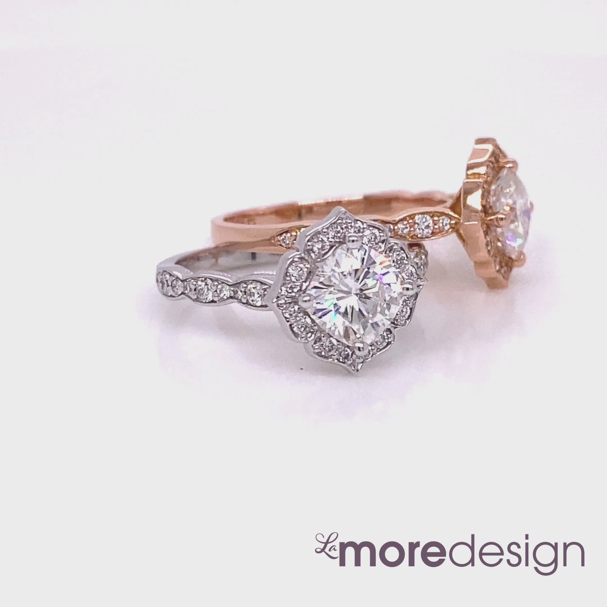 vintage floral moissanite engagement ring white gold rose gold scalloped diamond band by la more design jewelry