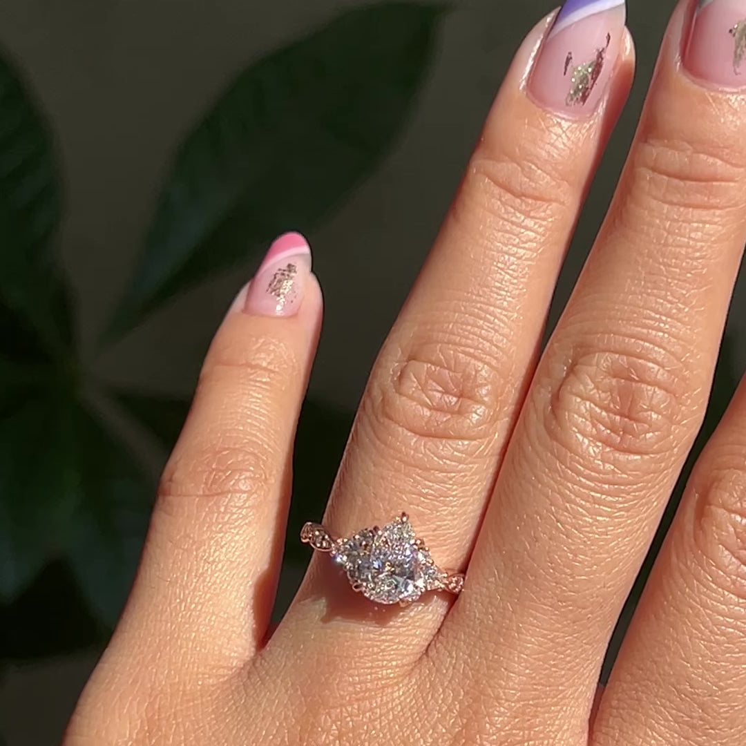 Large lab grown diamond 3 stone engagement ring rose gold cluster pear diamond ring la more design jewelry