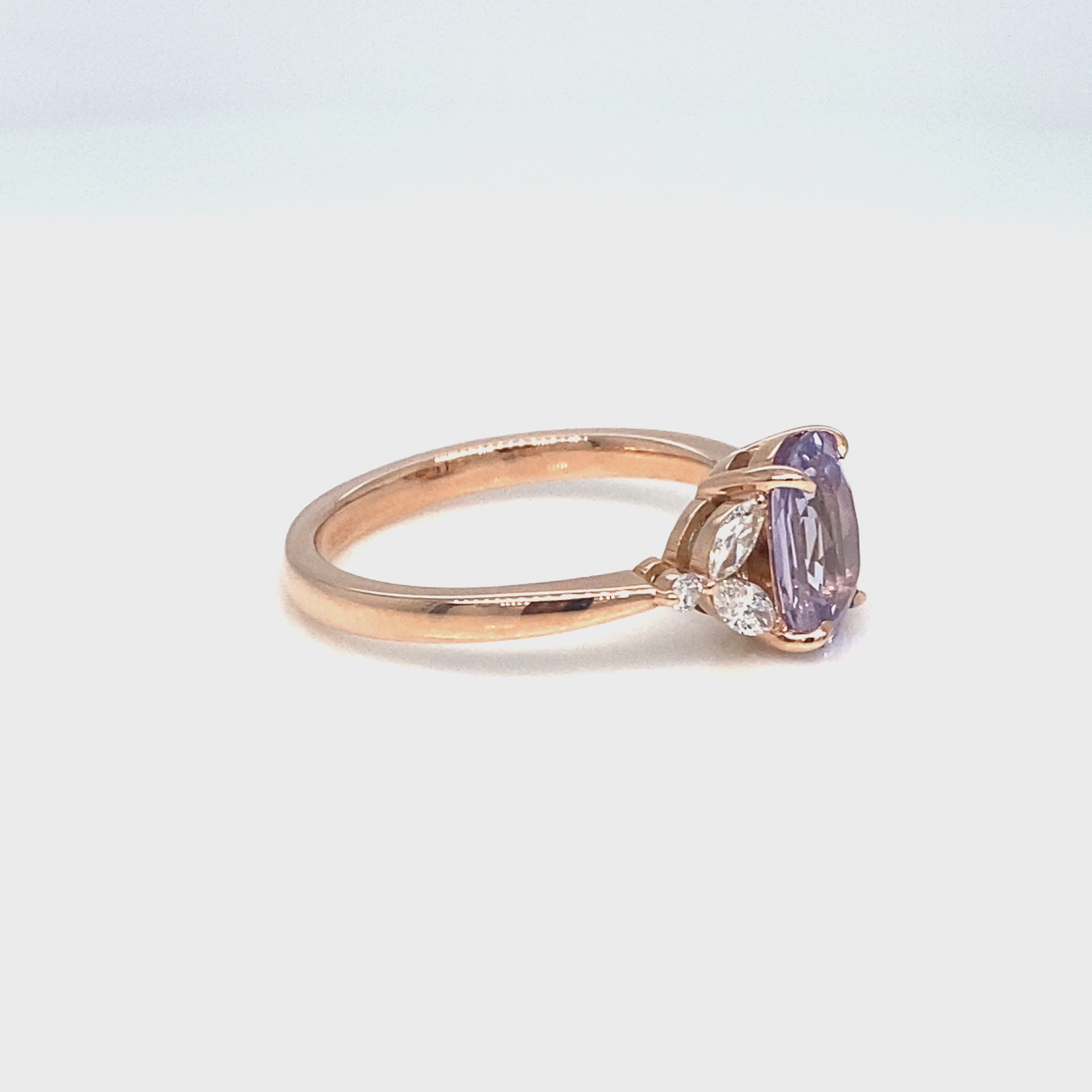 Lavender sapphire ring rose gold cushion sapphire diamond ring 3 stone band la more design jewelry