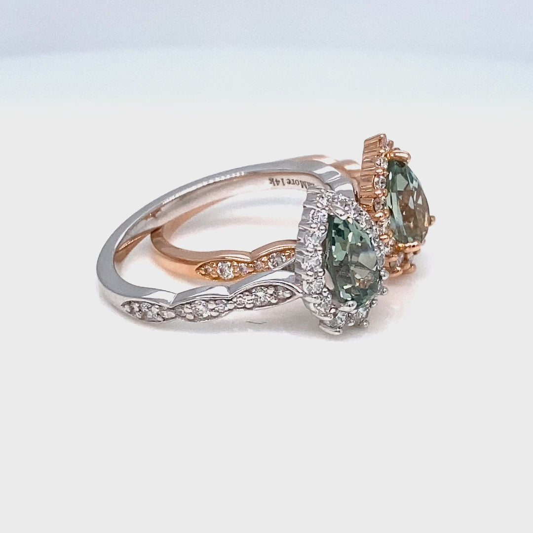 Tiara Halo Pear Ring in Scalloped Band w/ Sea Foam Green Sapphire and Diamond