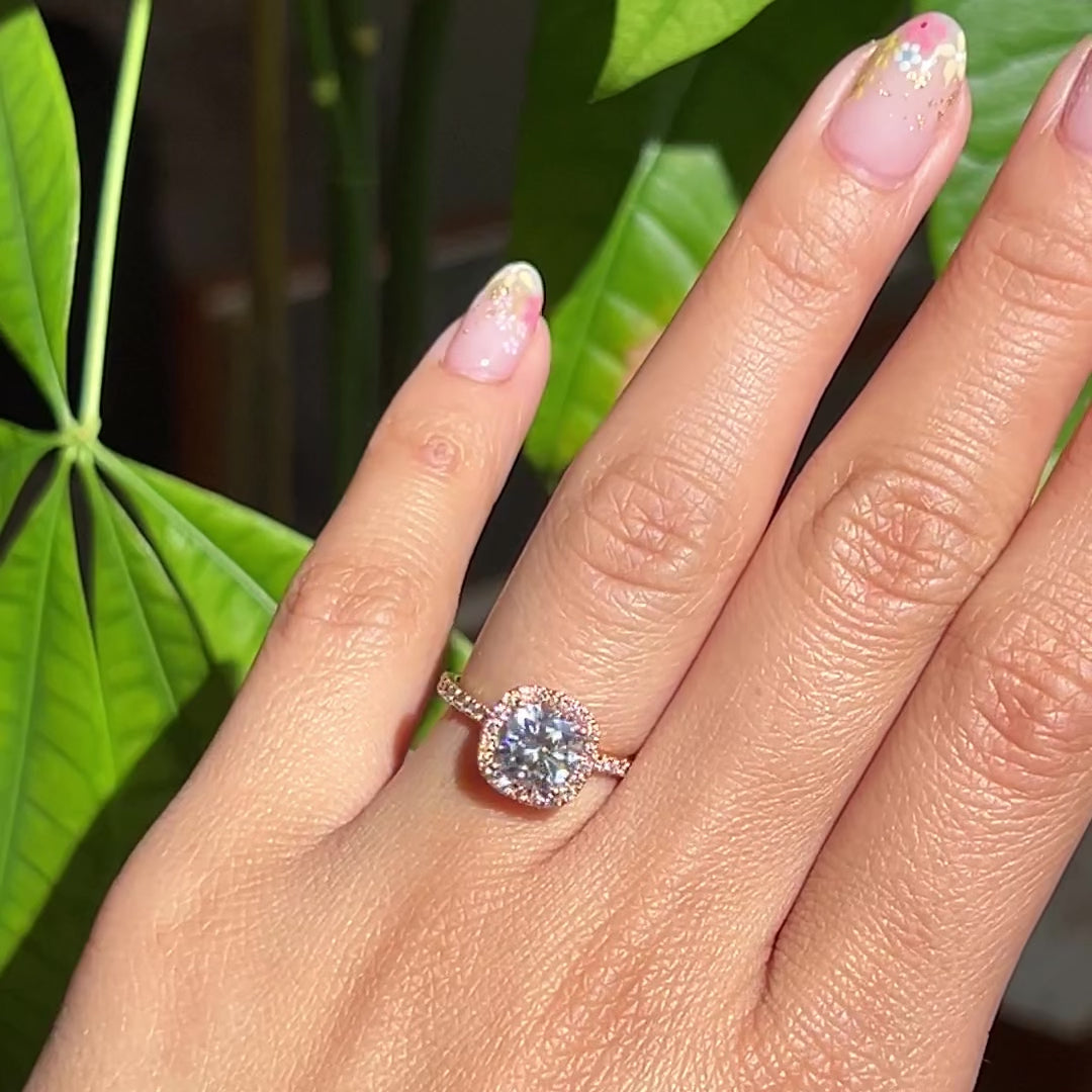 cushion moissanite ring rose gold halo engagement ring la more design jewelry