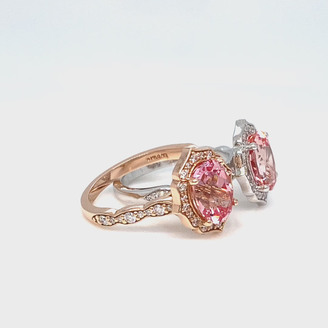 large oval peach sapphire engagement ring rose gold vintage halo diamond pink sapphire ring la more design jewelry