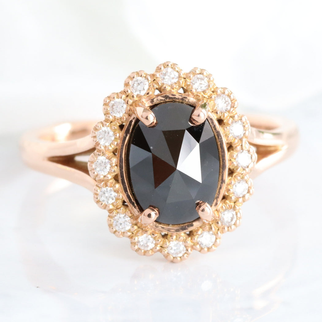 Oval Rose Cut Black Diamond Engagement Ring Gold Vintage Halo Ring | La ...