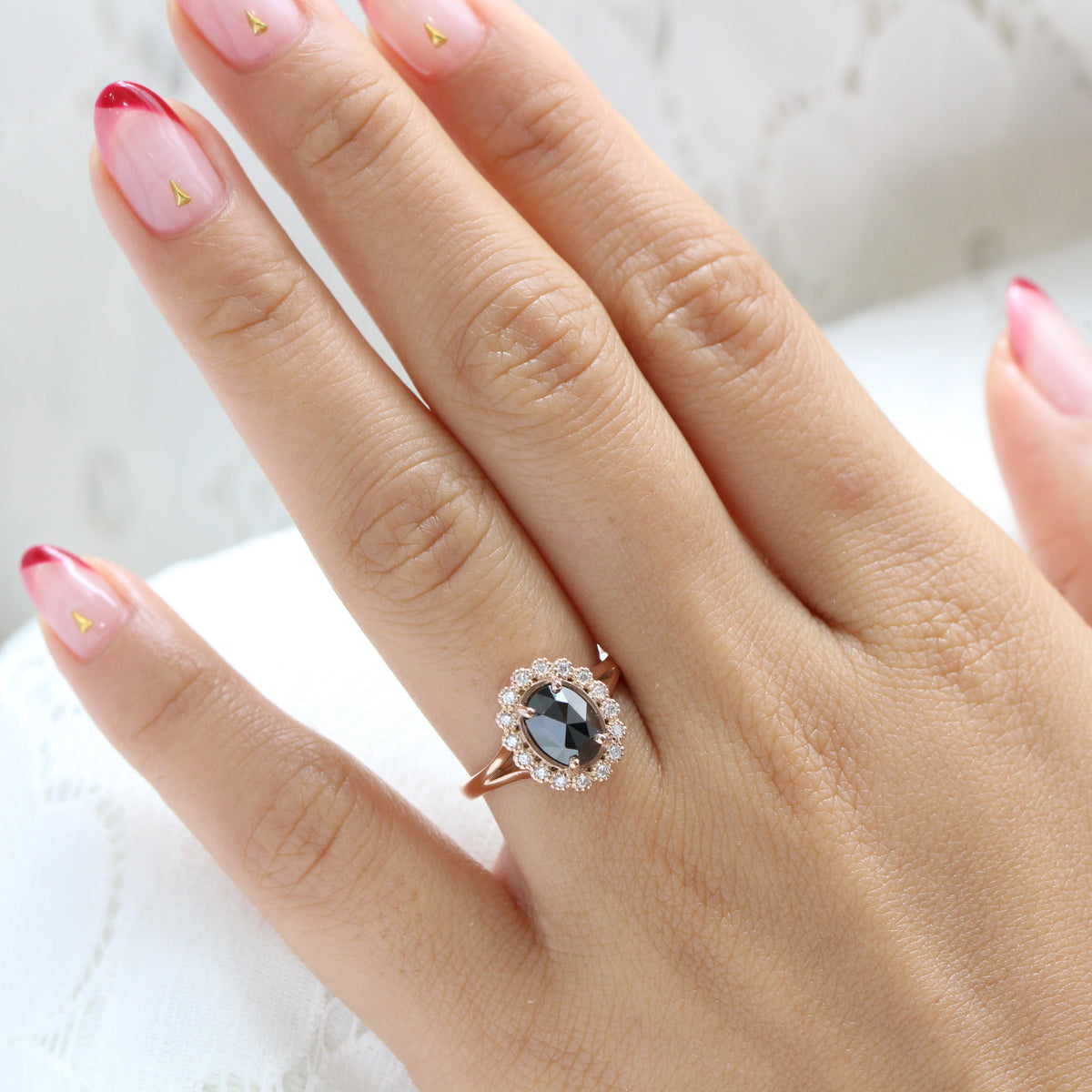 Oval Rose Cut Black Diamond Engagement Ring Gold Vintage Halo Ring | La ...