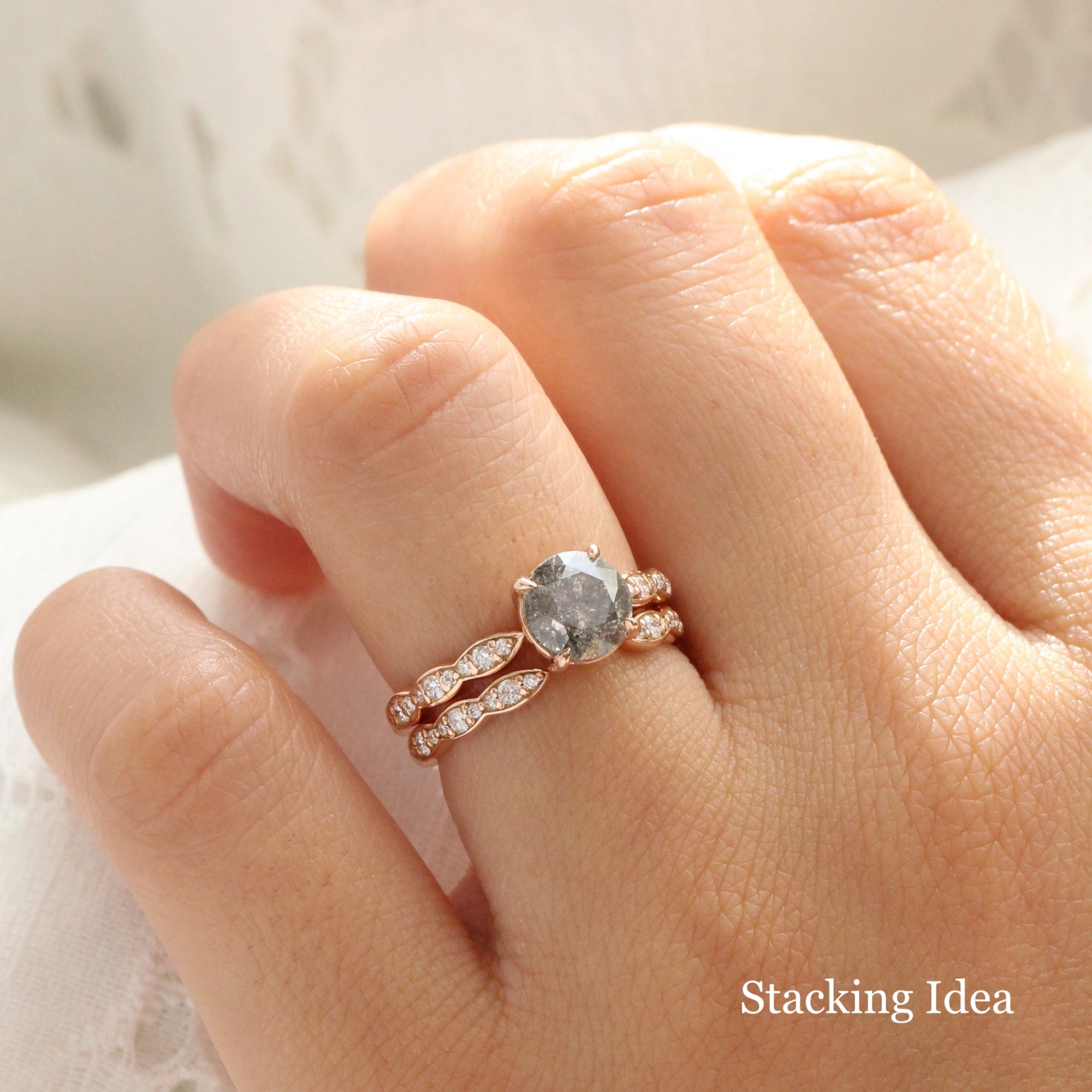 solitaire salt and pepper diamond ring rose gold low setting scalloped diamond engagement ring la more design jewelry