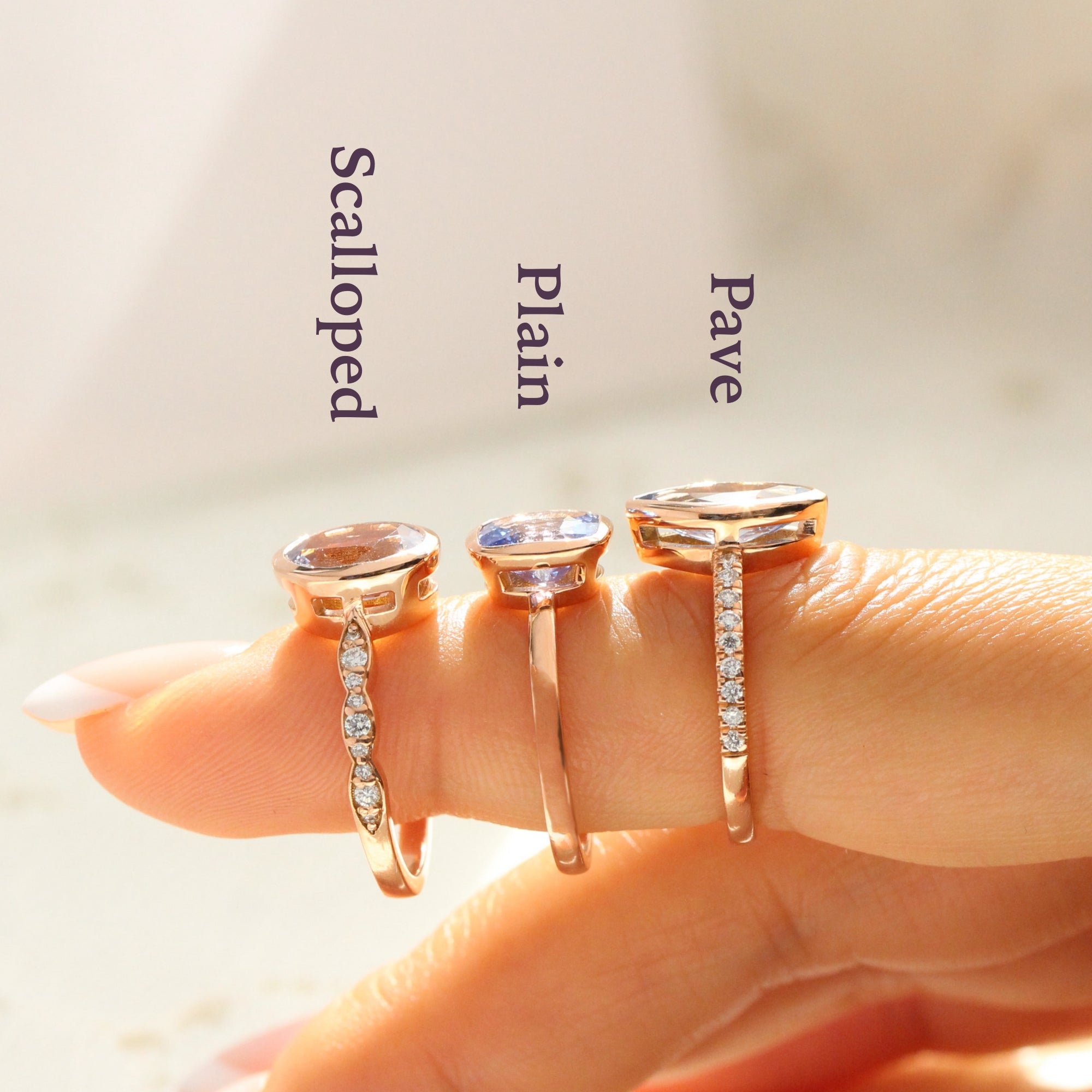Oval lavender sapphire ring rose gold bezel solitaire scalloped diamond band la more design jewelry