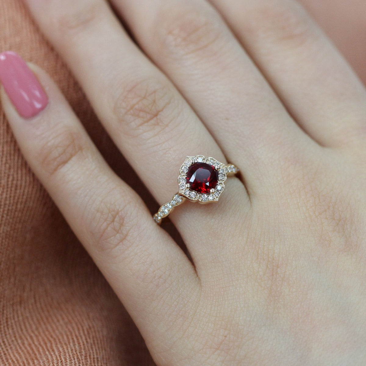 vintage floral ruby ring yellow gold scalloped diamond engagement ring by la more design